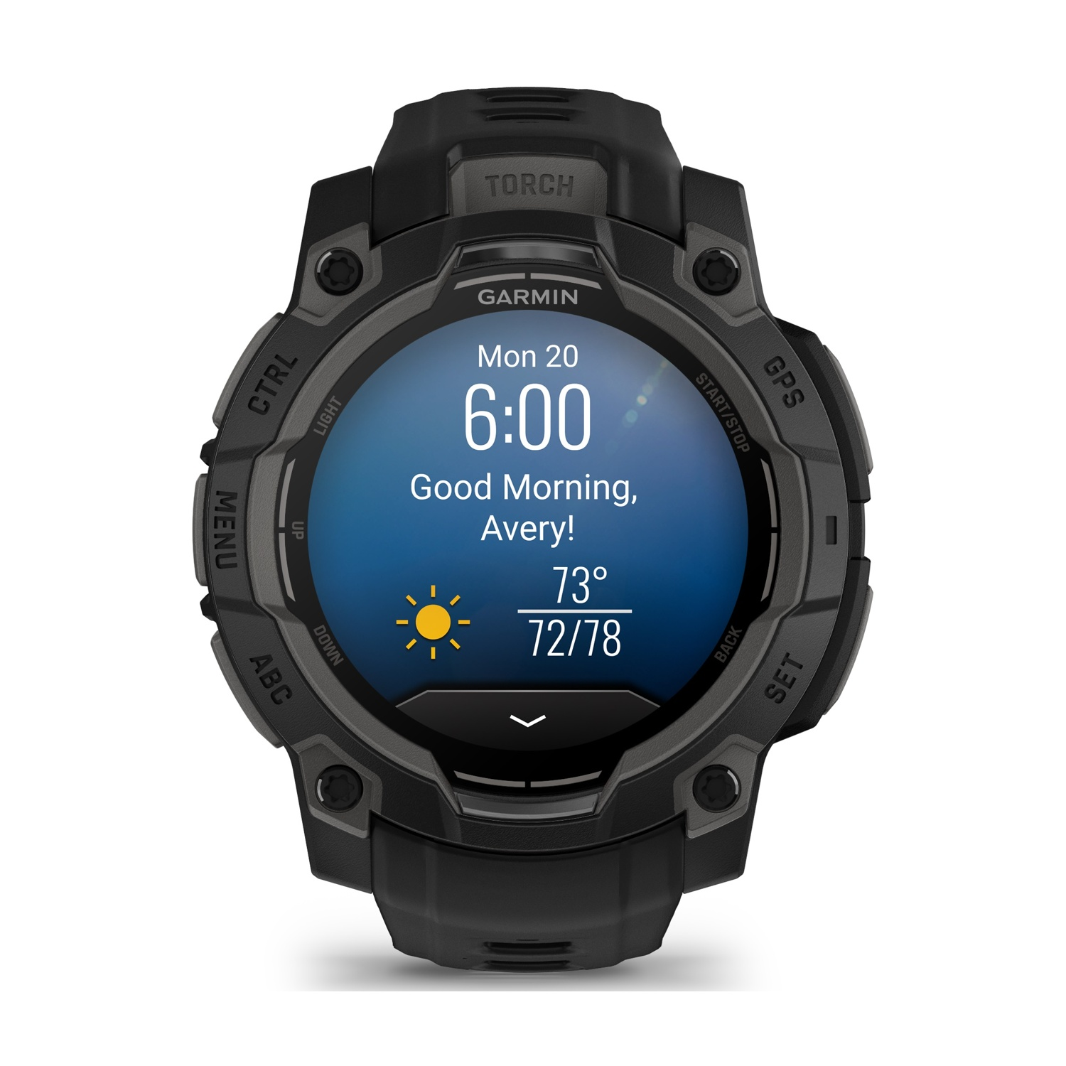 Orologio Garmin nero con touchscreen che mostra informazioni meteo. Pulsanti e testo visibili.