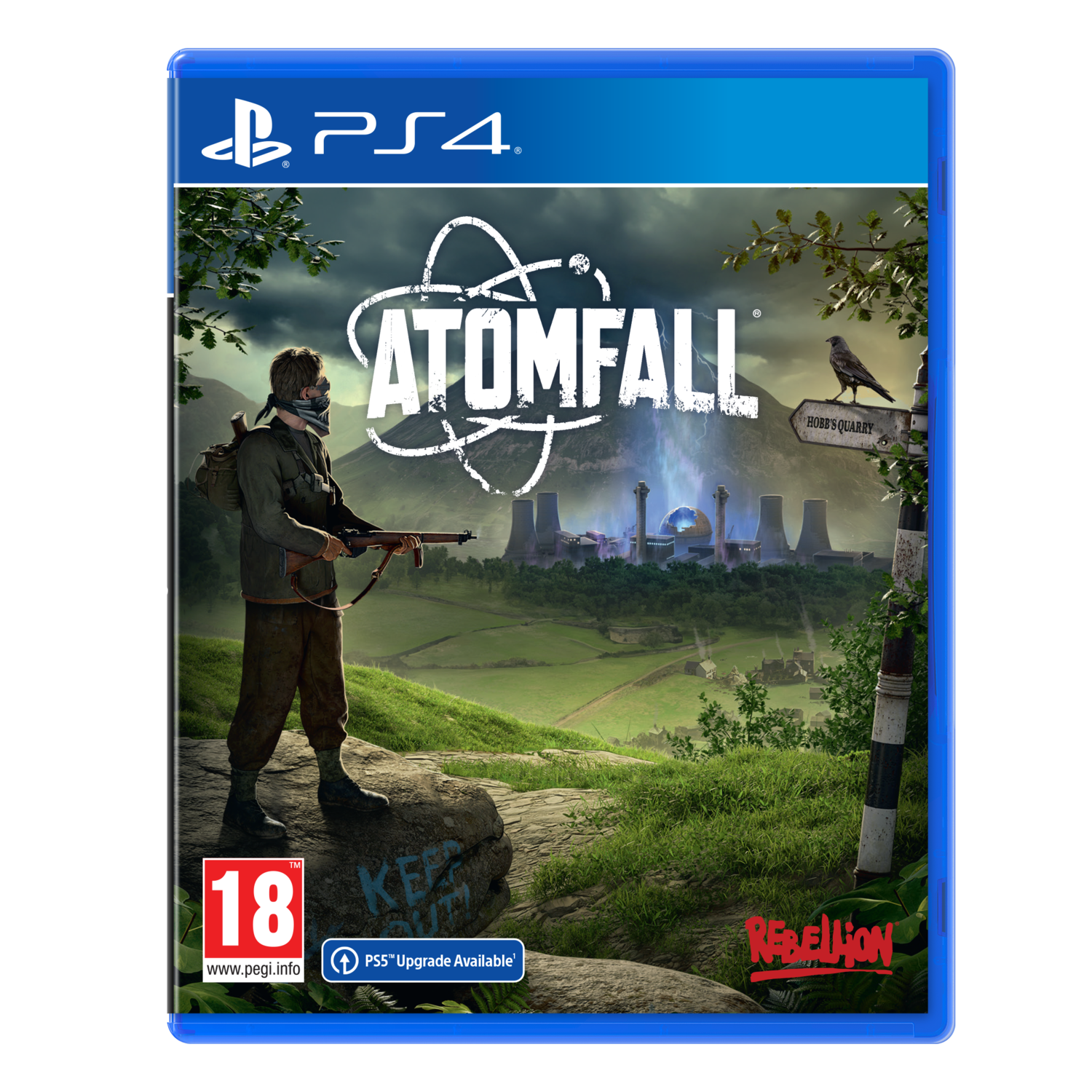 PS4 game case: Atomfall. Een man met een geweer, nucleaire scène. Tekst: 18, Rebellion.