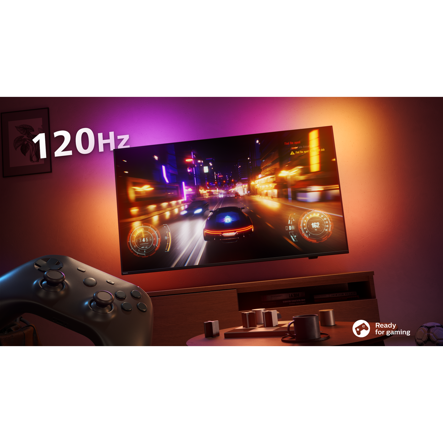 Een tv toont een racegame. Een controller staat op de voorgrond en de tekst '120Hz' staat op de muur. De scène is klaar voor gaming.
