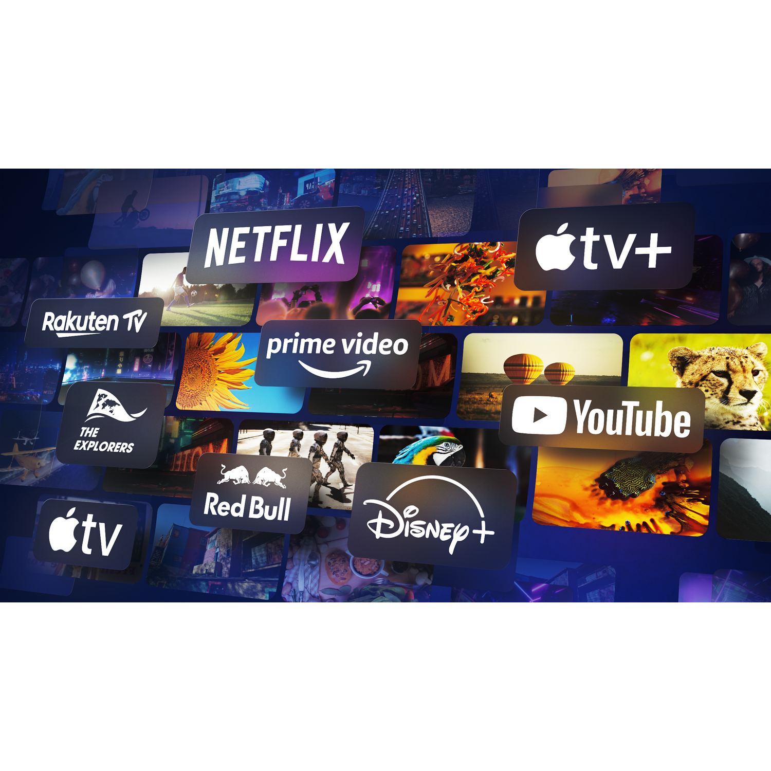 Meerdere app-pictogrammen, waaronder Netflix, Prime Video, Disney+ en YouTube, op een blauwe achtergrond.