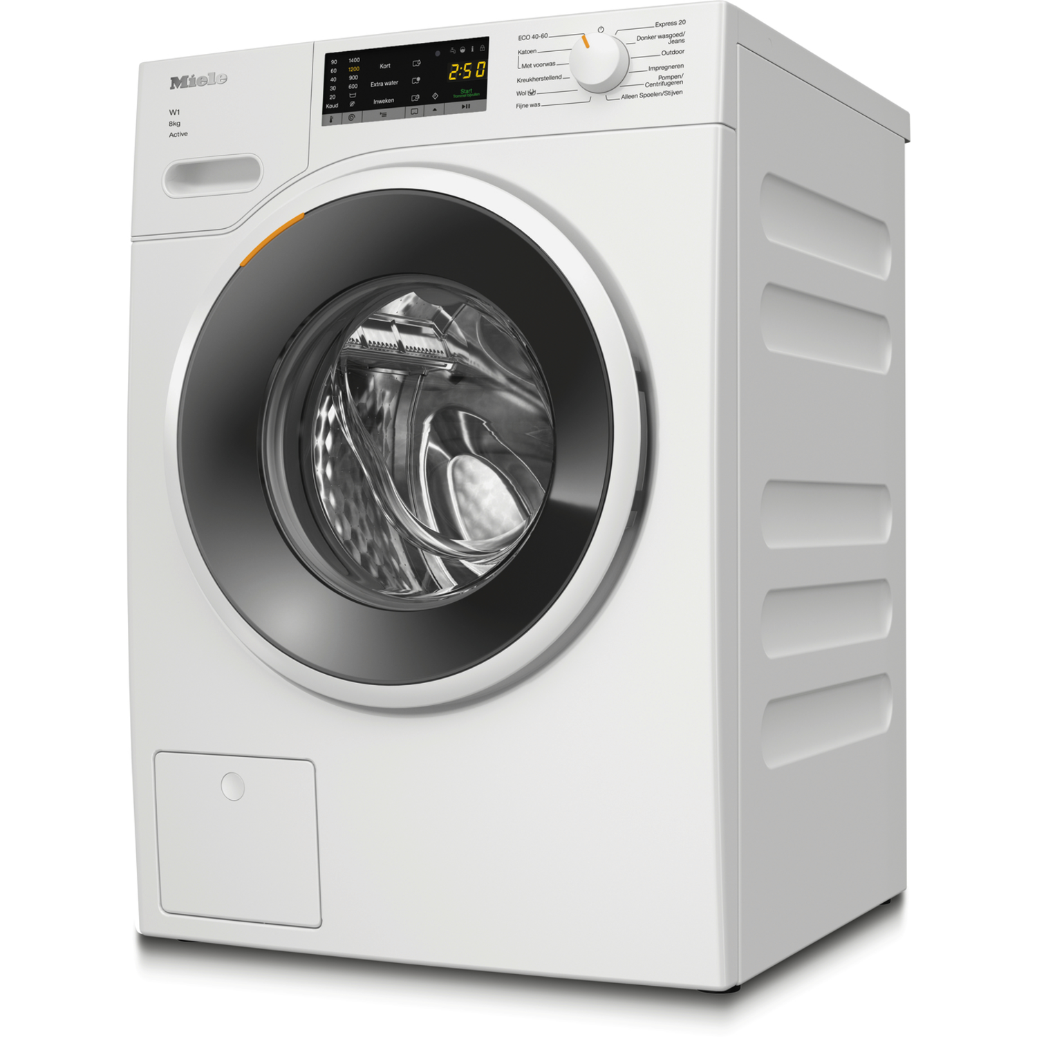 Witte Miele wasmachine met zwarte deur en digitaal display, zijaanzicht.