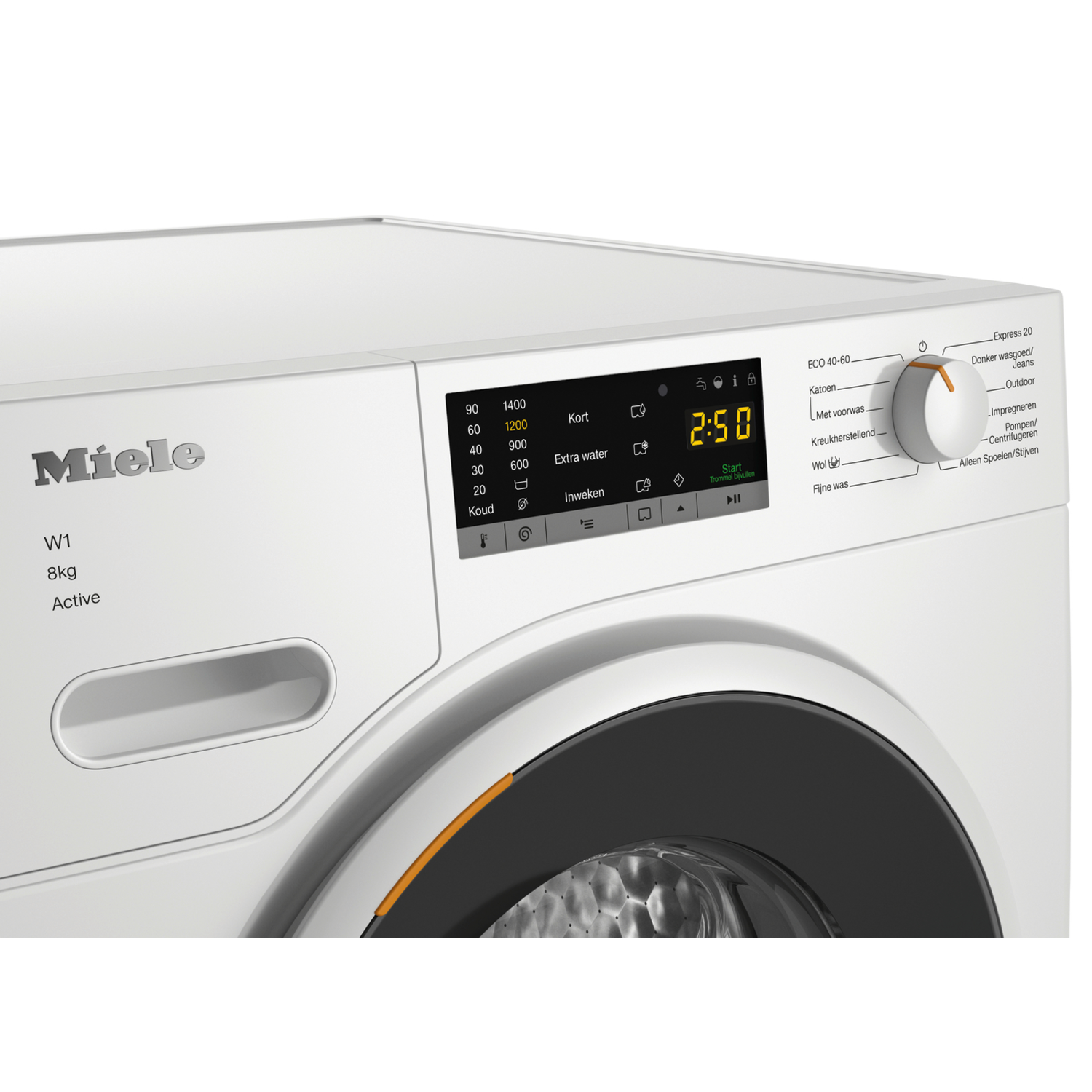 Het bedieningspaneel van een witte wasmachine, met een scherm met tijd en instellingen.