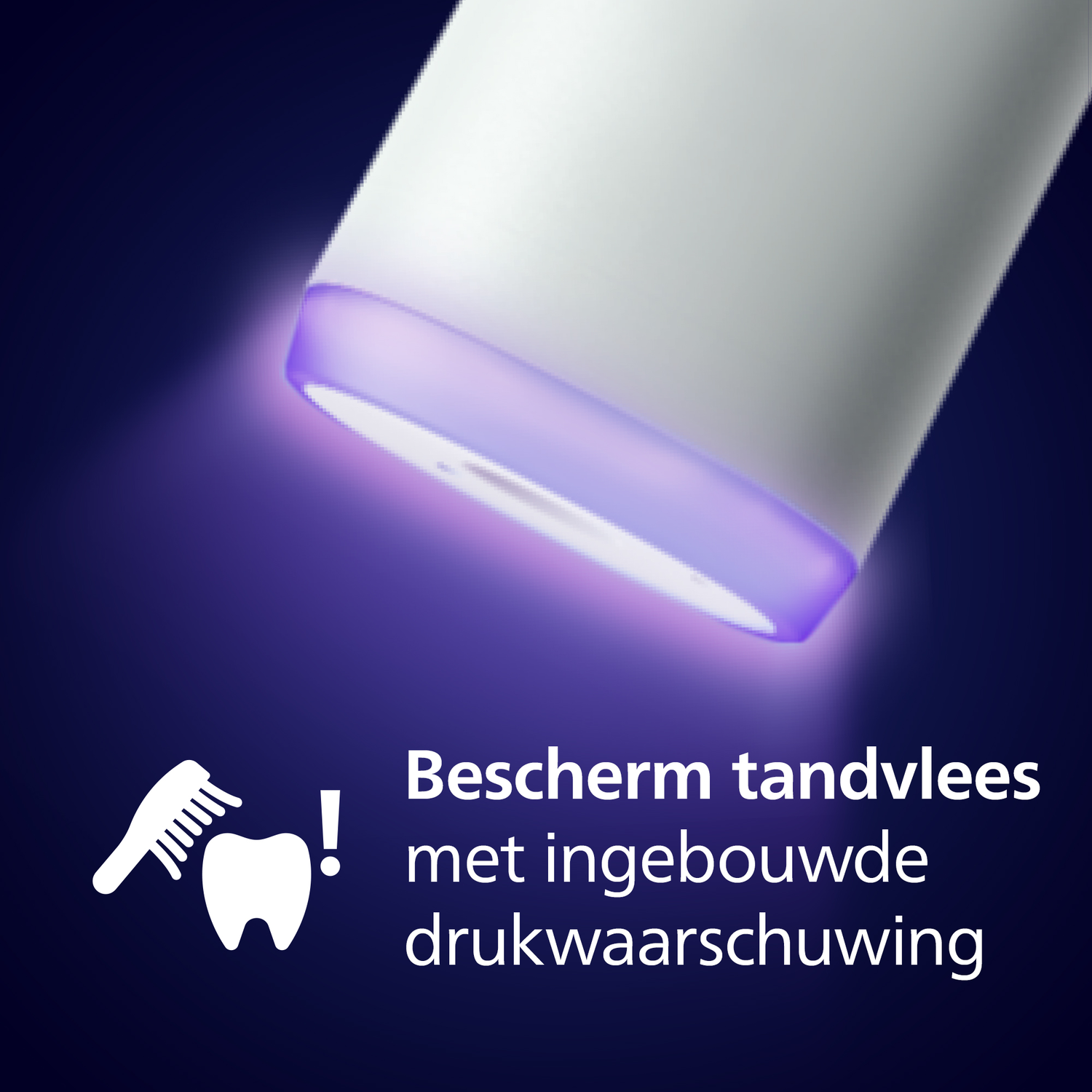 A white device emitting purple light. Text says: Protect gums with pressure alert.