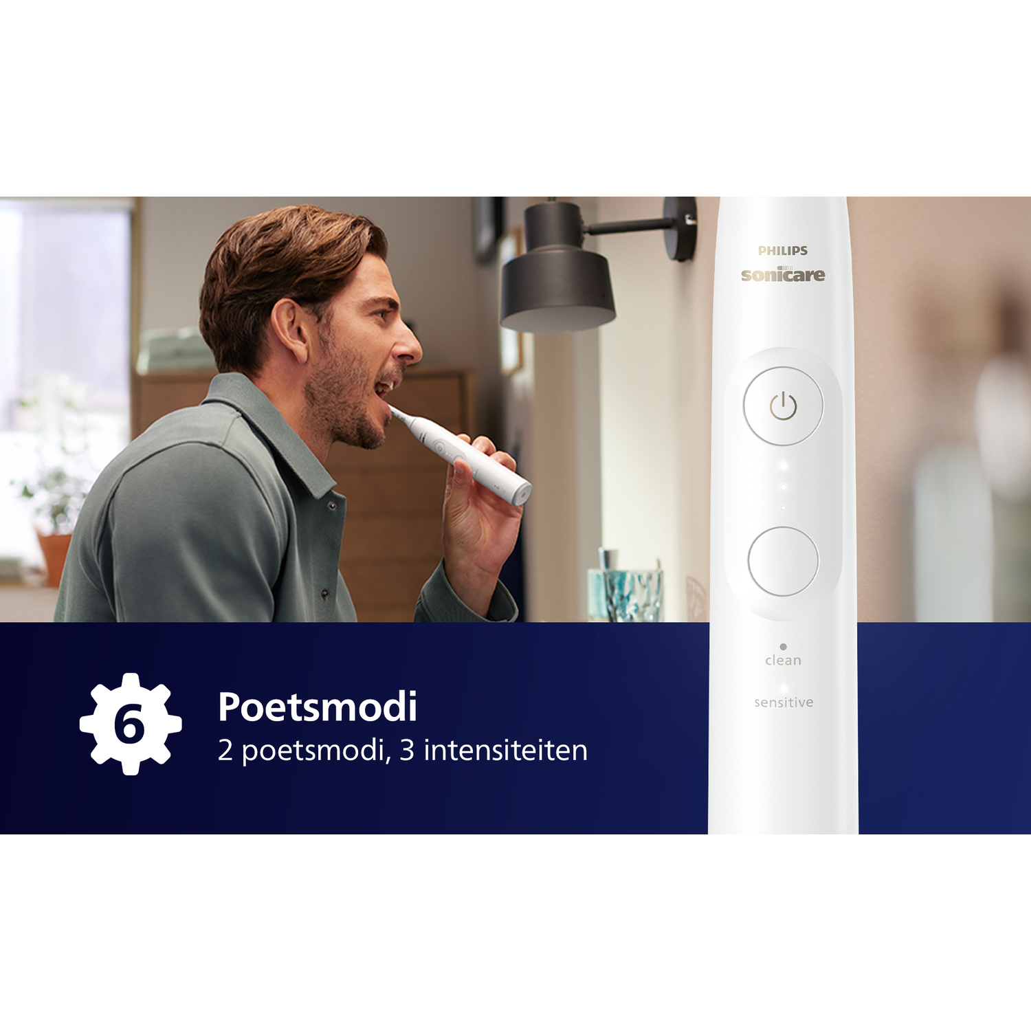 Man brushing teeth with a Philips Sonicare toothbrush. Text about modes and intensities is visible.