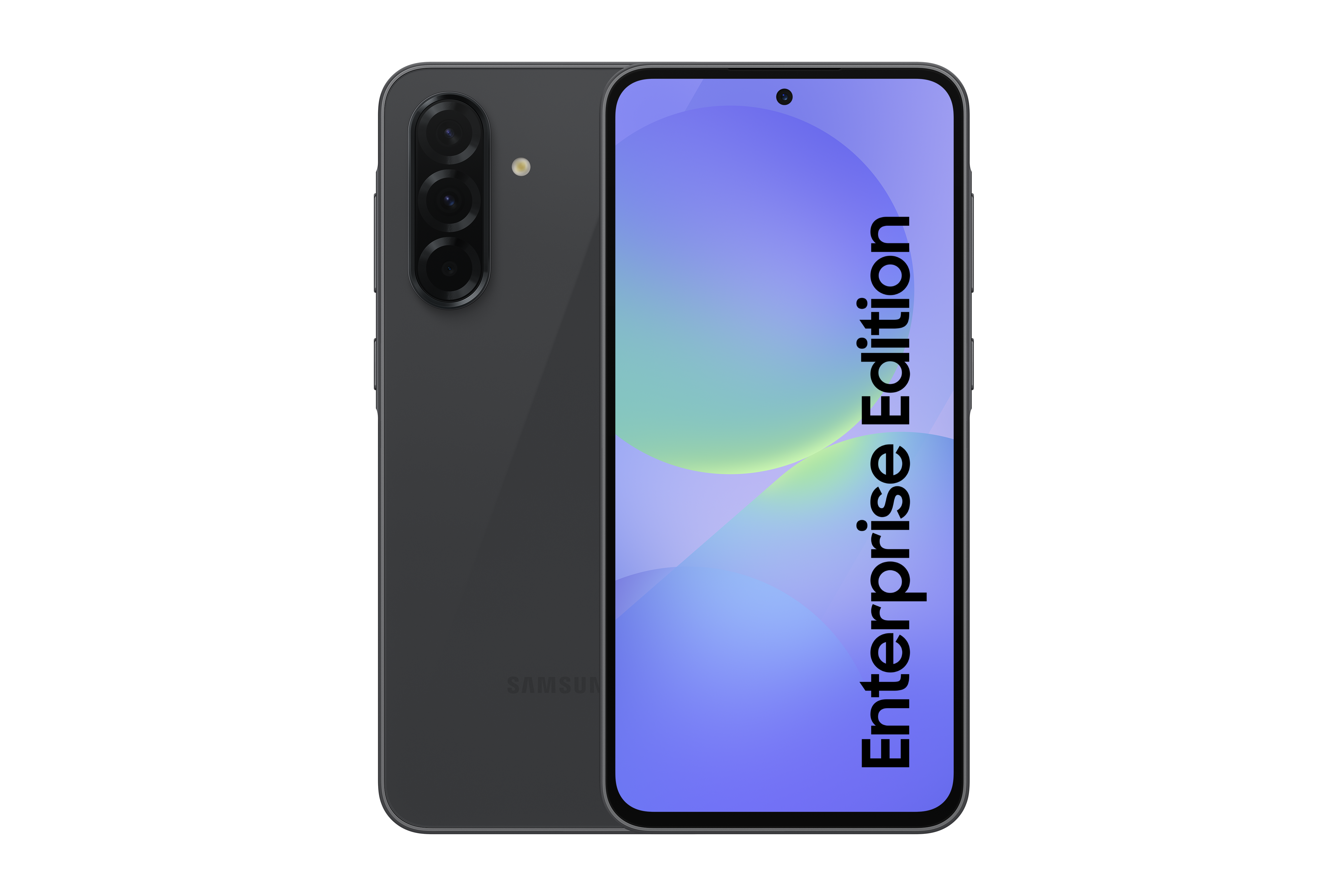 Schwarzes Samsung-Telefon mit drei Kameras auf der Rückseite und einem Bildschirm mit Enterprise Edition.
