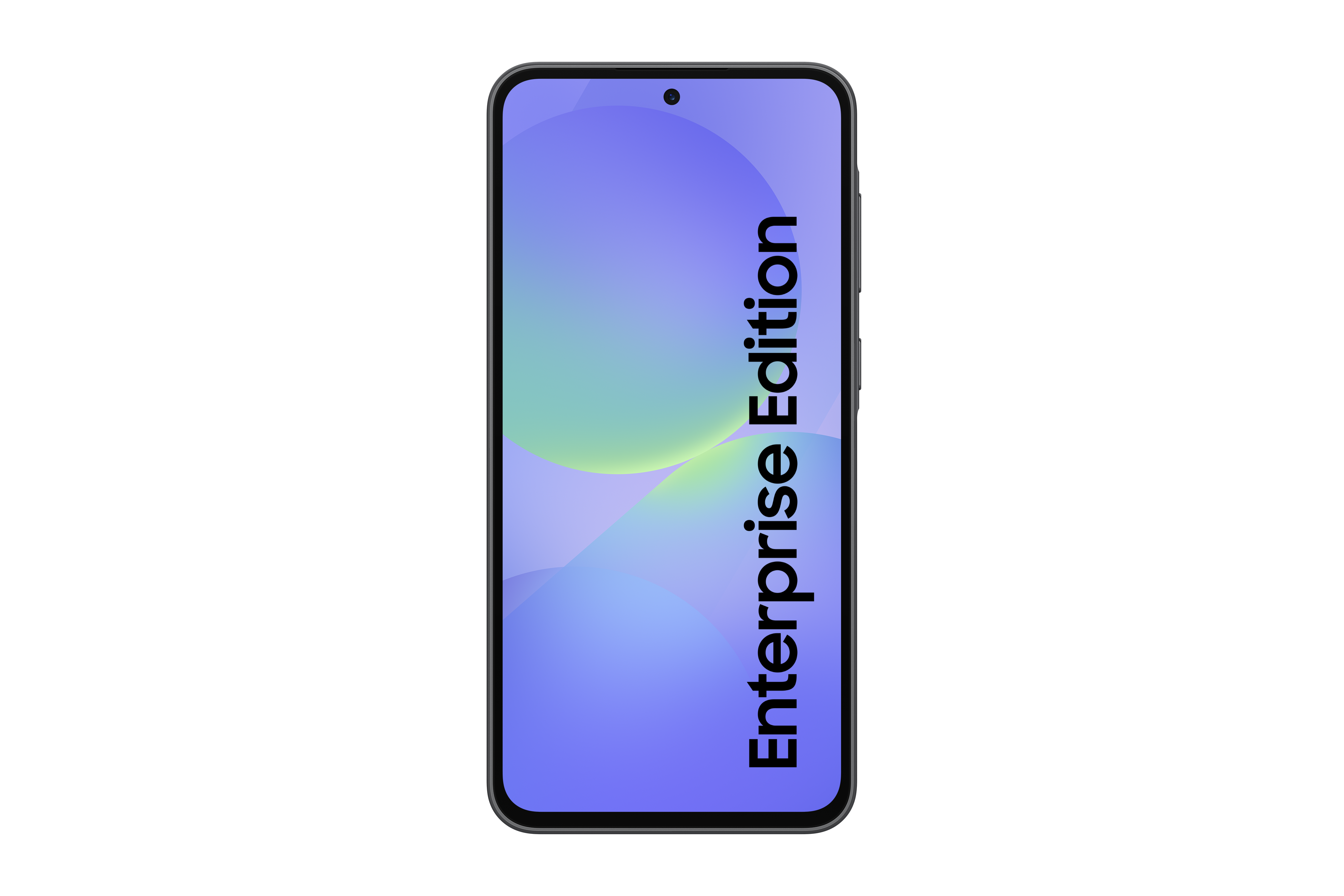 Schwarzes Smartphone mit Bildschirm, der einen bunten Hintergrund und den Text 'Enterprise Edition' zeigt.