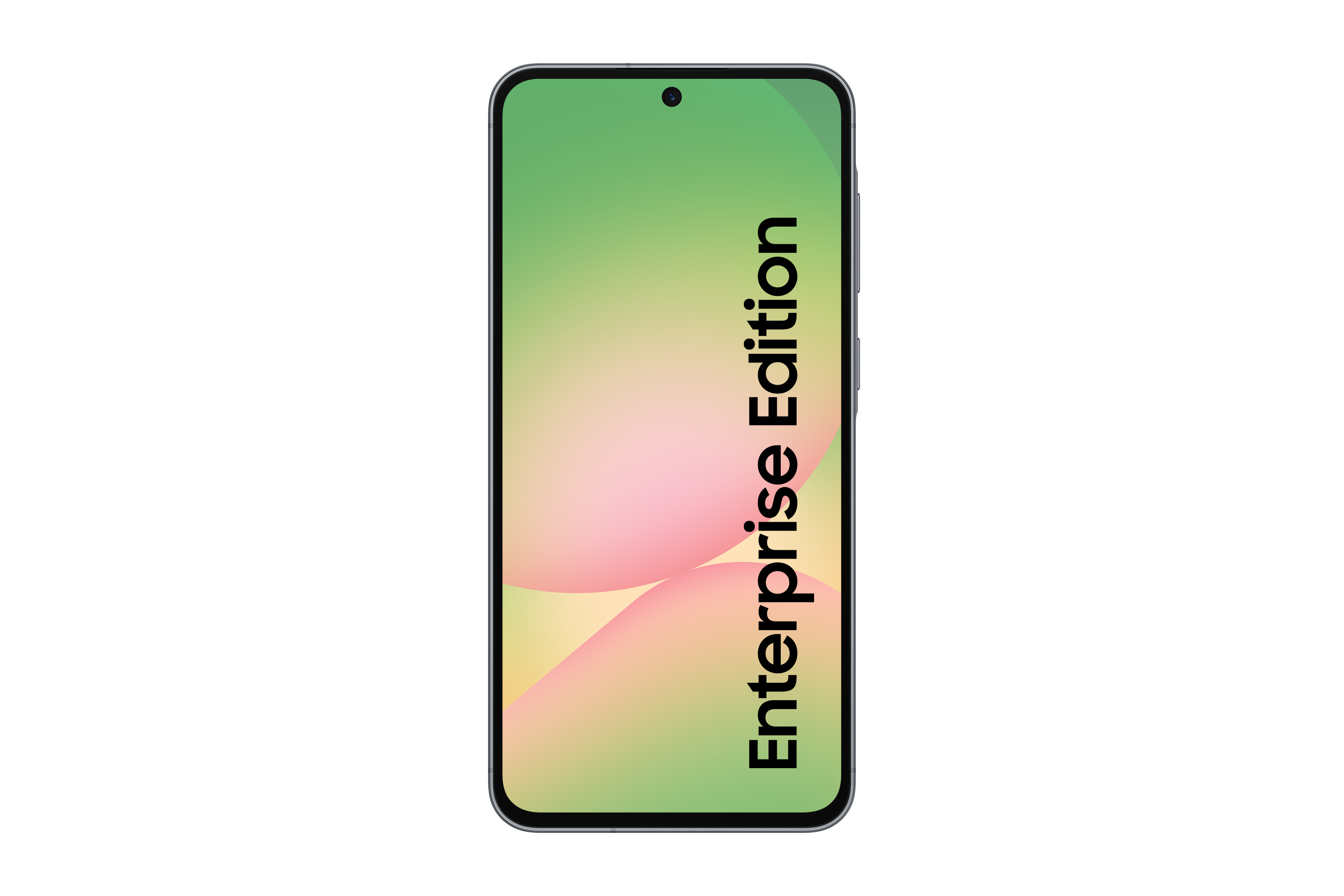 Smartphone-Bildschirm zeigt 'Enterprise Edition' auf einem Hintergrund mit Grün-, Rosa- und Gelbverlauf, schwarzer Hintergrund.