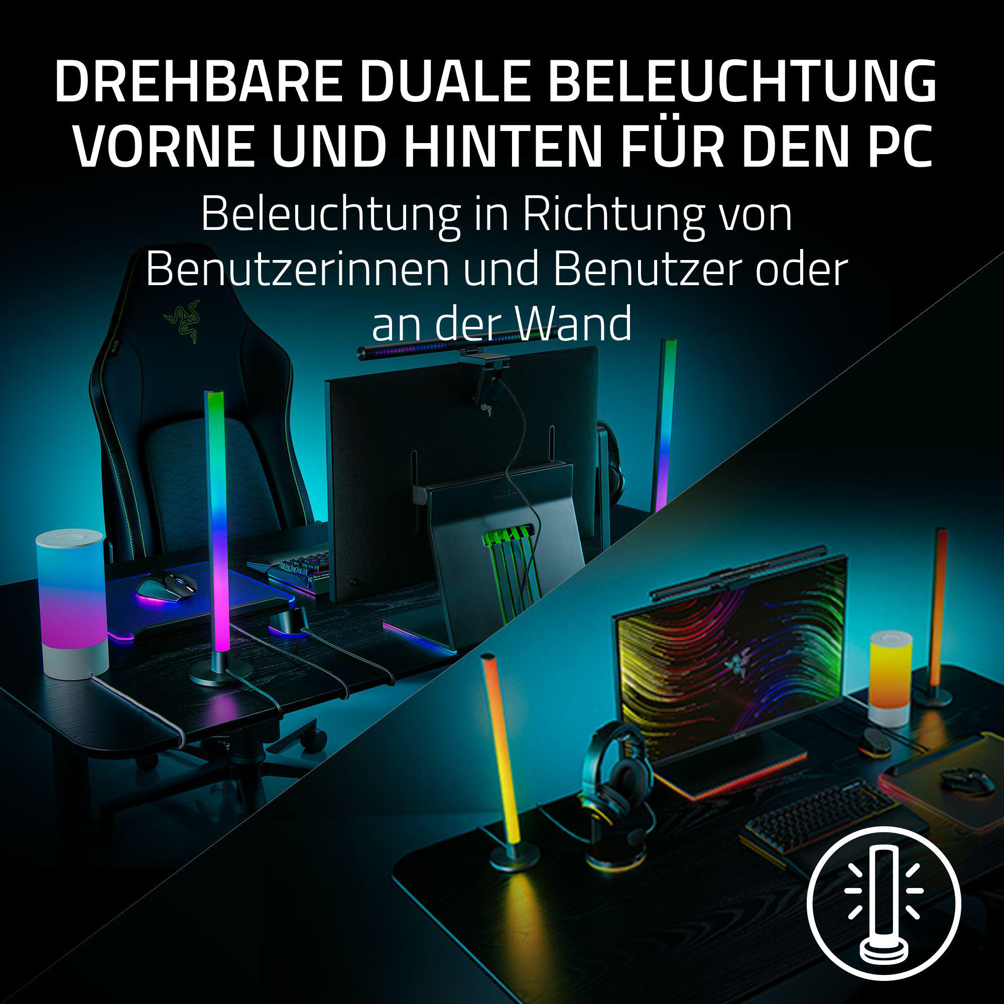 Zwei Schreibtische mit Computer-Setups. Leuchtstäbe mit Farbverläufen sind auf den Tischen.