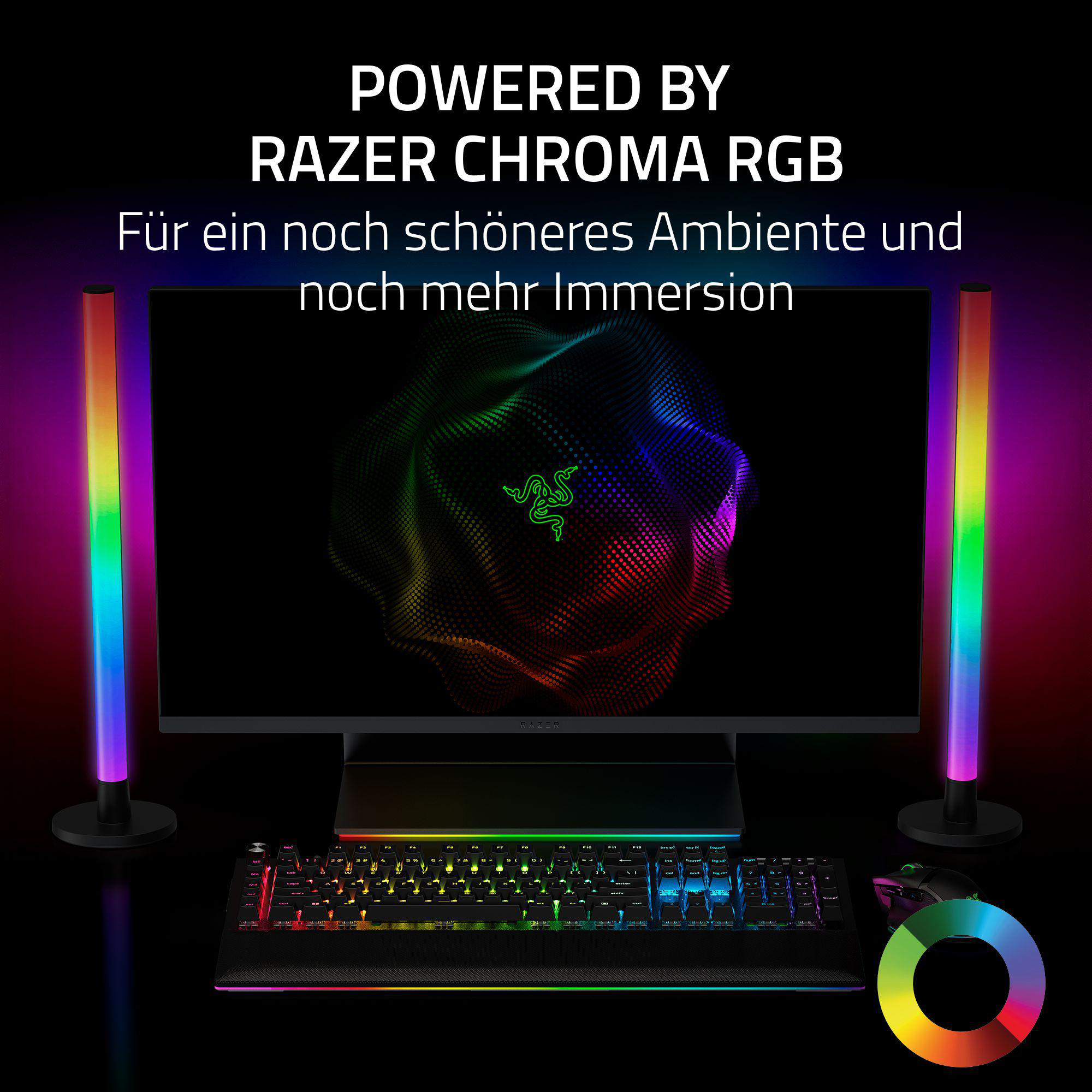 Schwarzer Monitor, Tastatur und Maus mit RGB-Beleuchtung. Zwei vertikale Lichter.