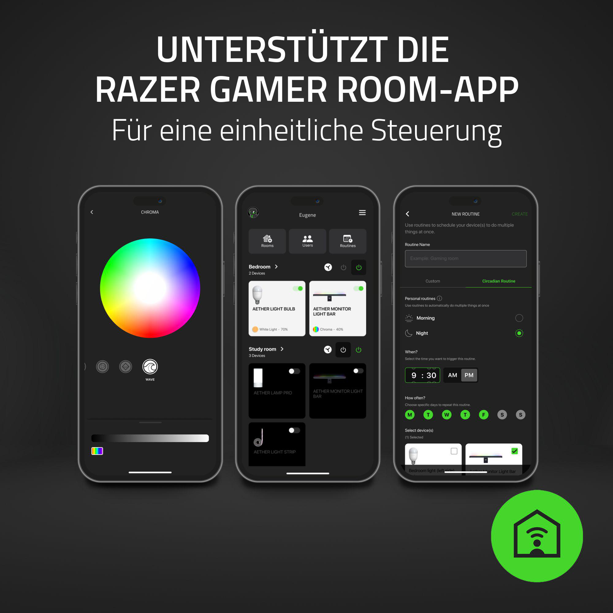 Drei Smartphone-Bildschirme, die App-Oberflächen anzeigen. Die App steuert Smart-Home-Geräte.
