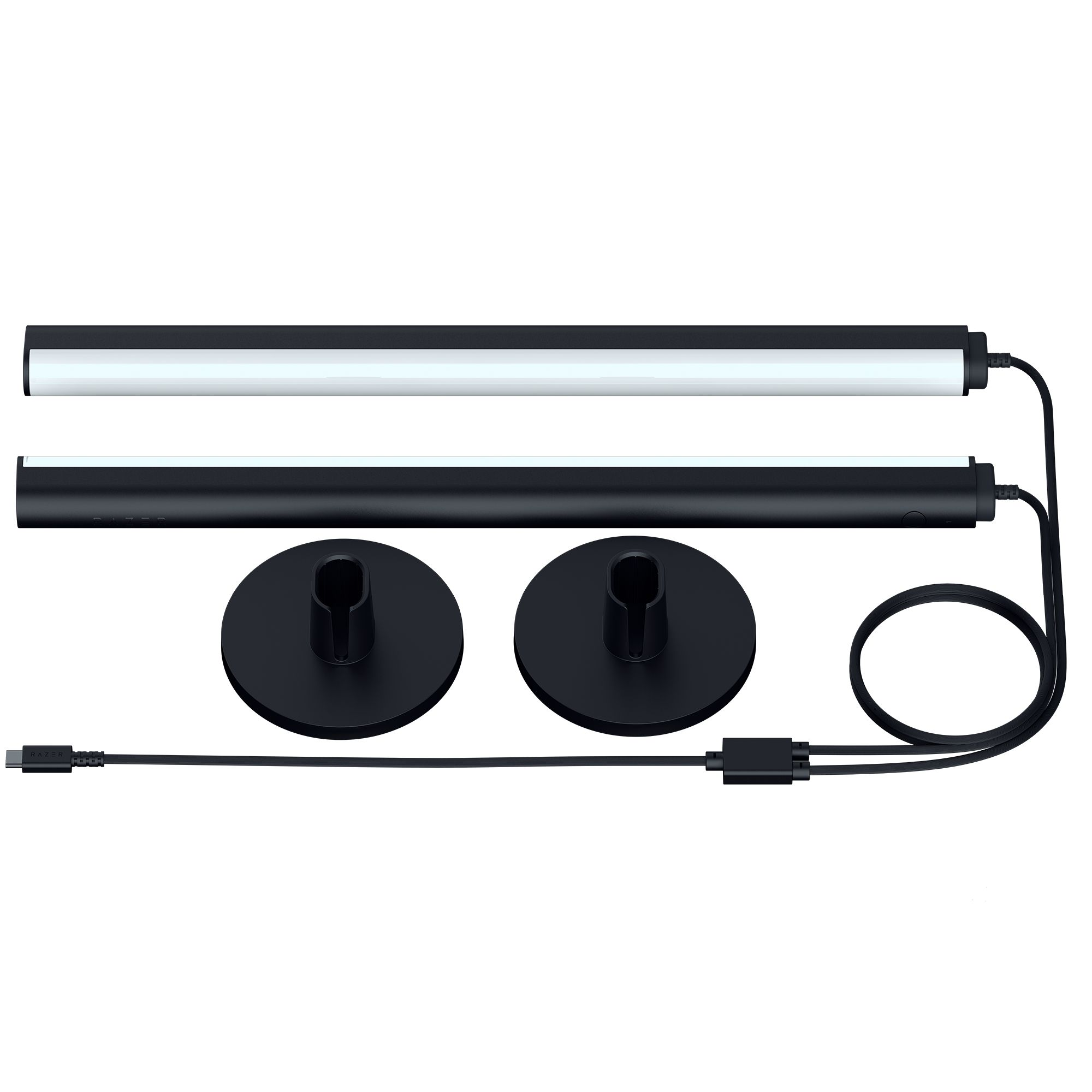 Zwei schwarze, lange LED-Leuchten mit Ständern und einem USB-Kabel, für Schreibtisch oder Tisch.
