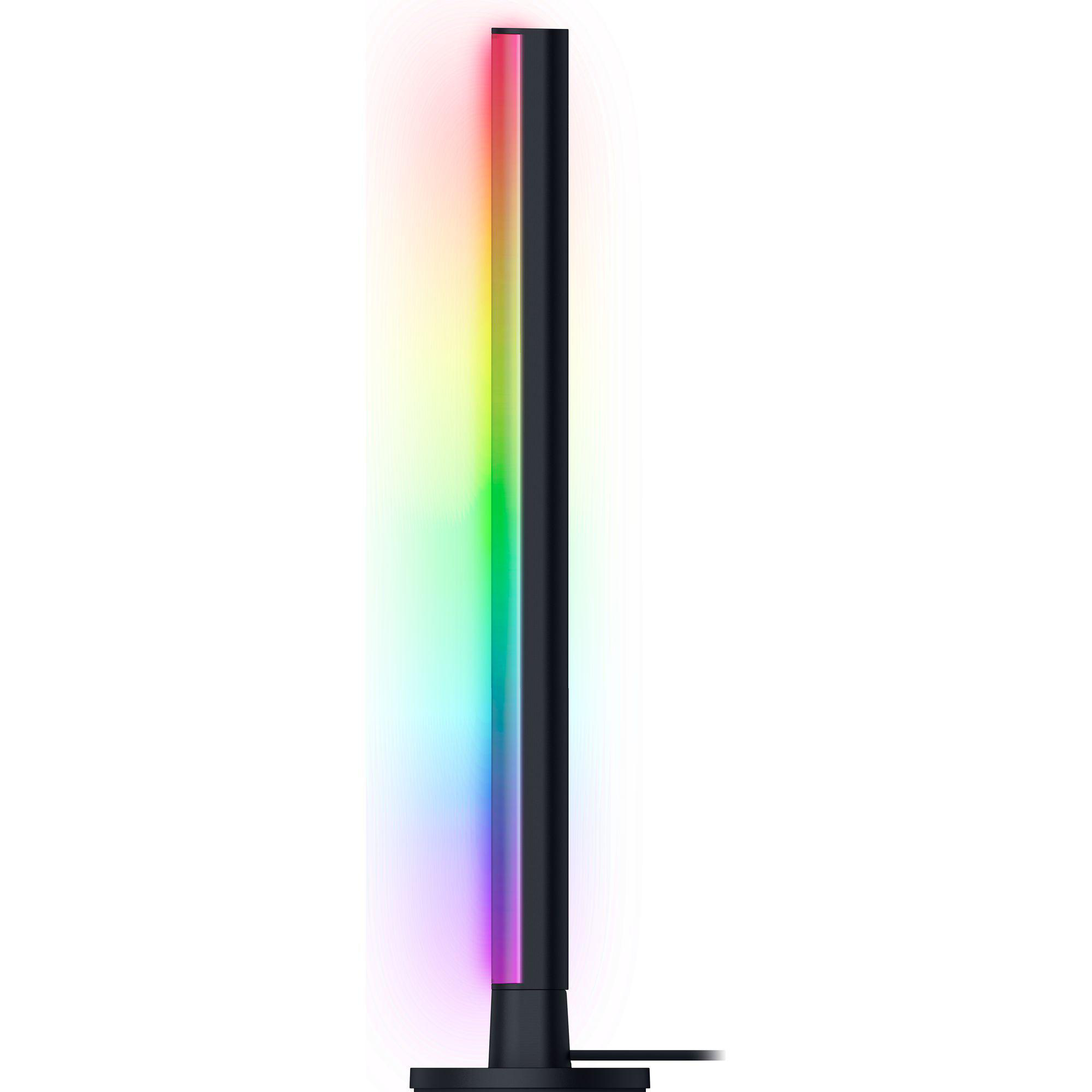 Schwarze, schlanke LED-Lampe mit einem regenbogenfarbenen Lichtstreifen.