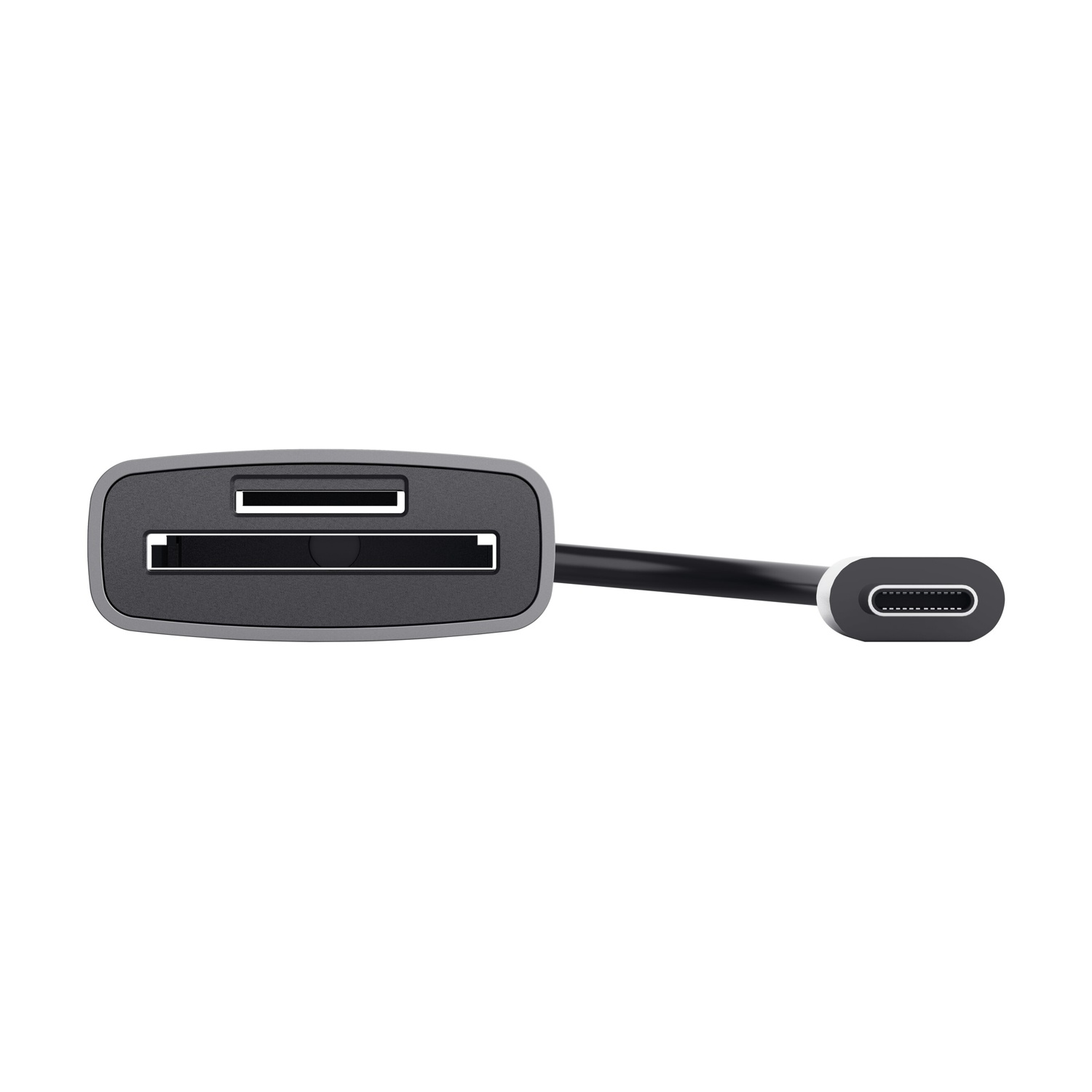 Primo piano di un lettore di schede con un cavo di connessione USB-C.