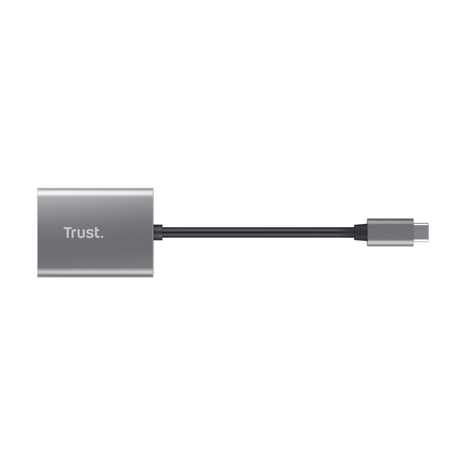 Adattatore USB-C argento con cavo di collegamento, isolato su superficie bianca.