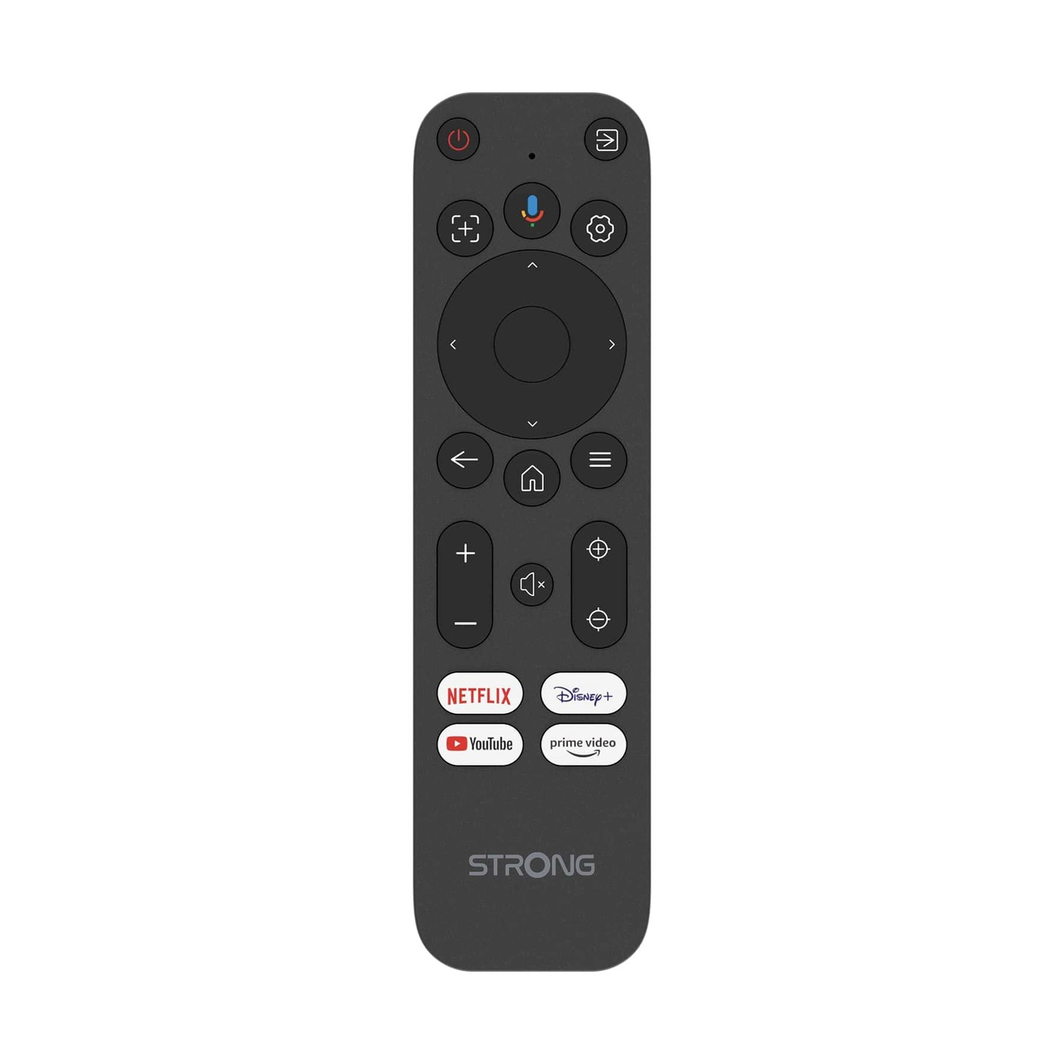 Telecomando nero con pulsanti per Netflix, YouTube e altri servizi di streaming.