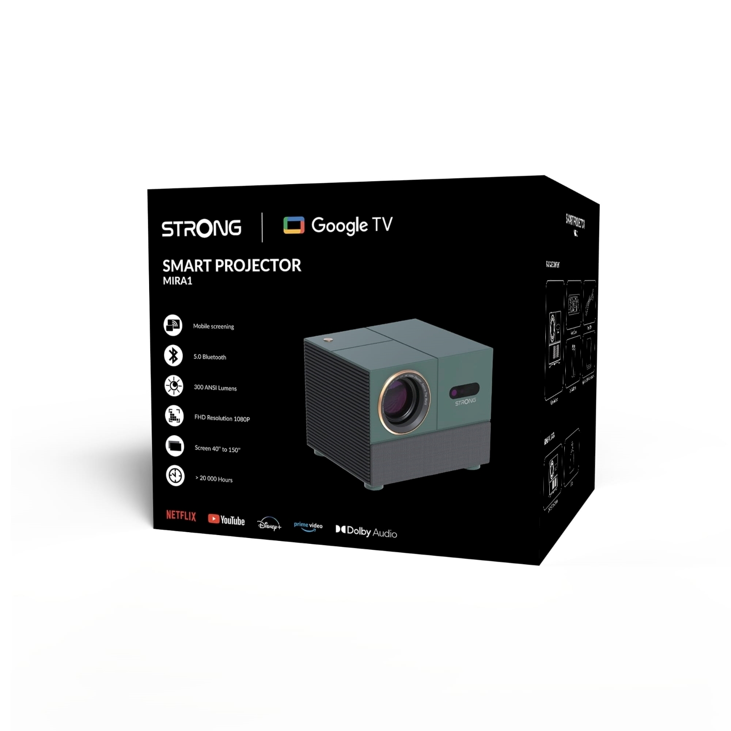 Scatola del proiettore intelligente. Colori verde e nero, dettagli del prodotto e logo Google TV.