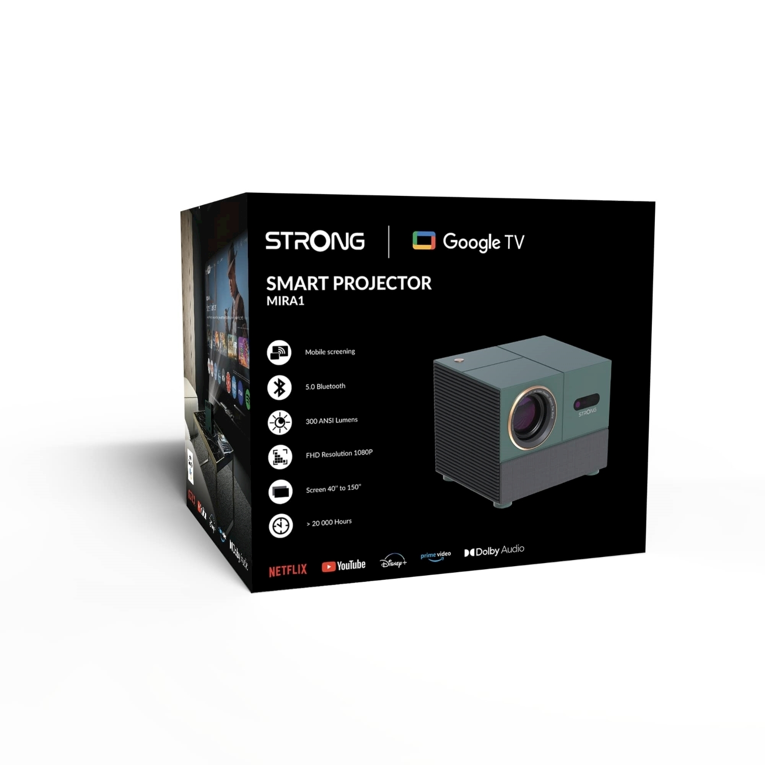 Una scatola grigia per proiettore con obiettivo frontale e display laterale, con il logo Google TV.
