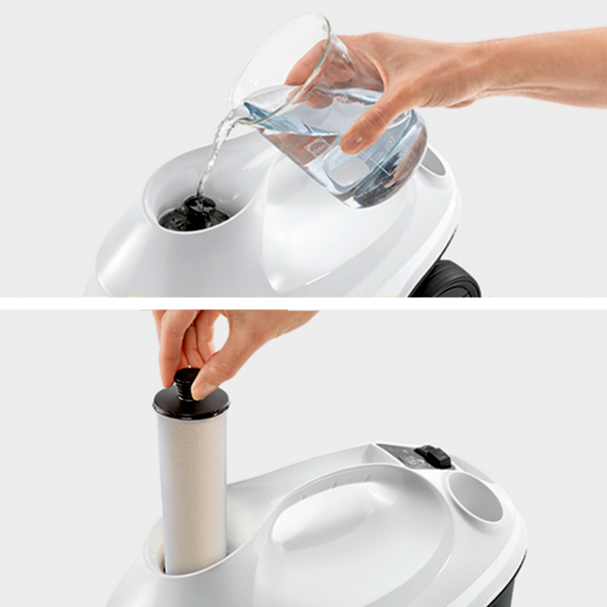 Osoba wlewa wodę do białego urządzenia, a następnie wkłada filtr.