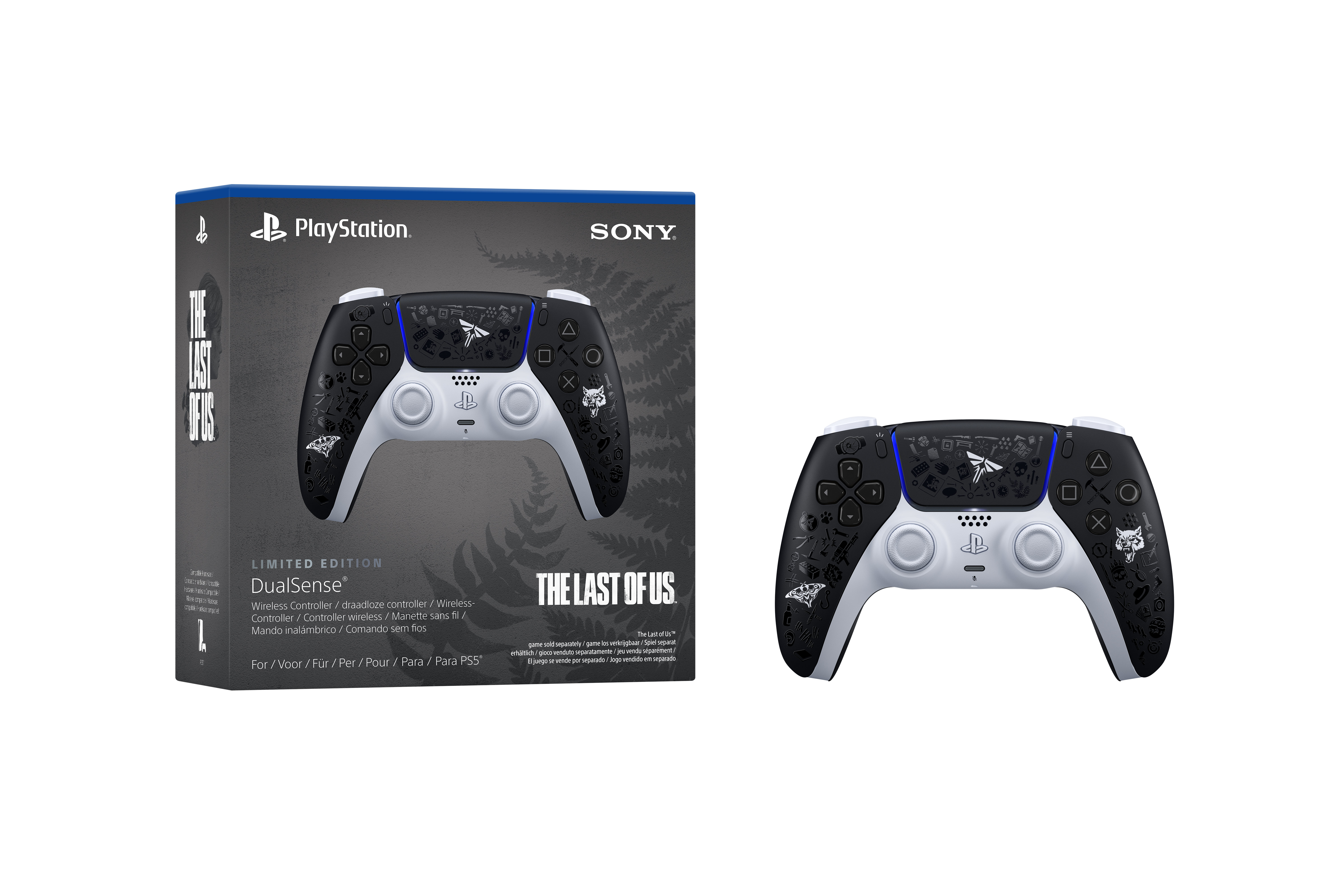 The Last of Us PS5-Controller und seine Box auf weißem Hintergrund.