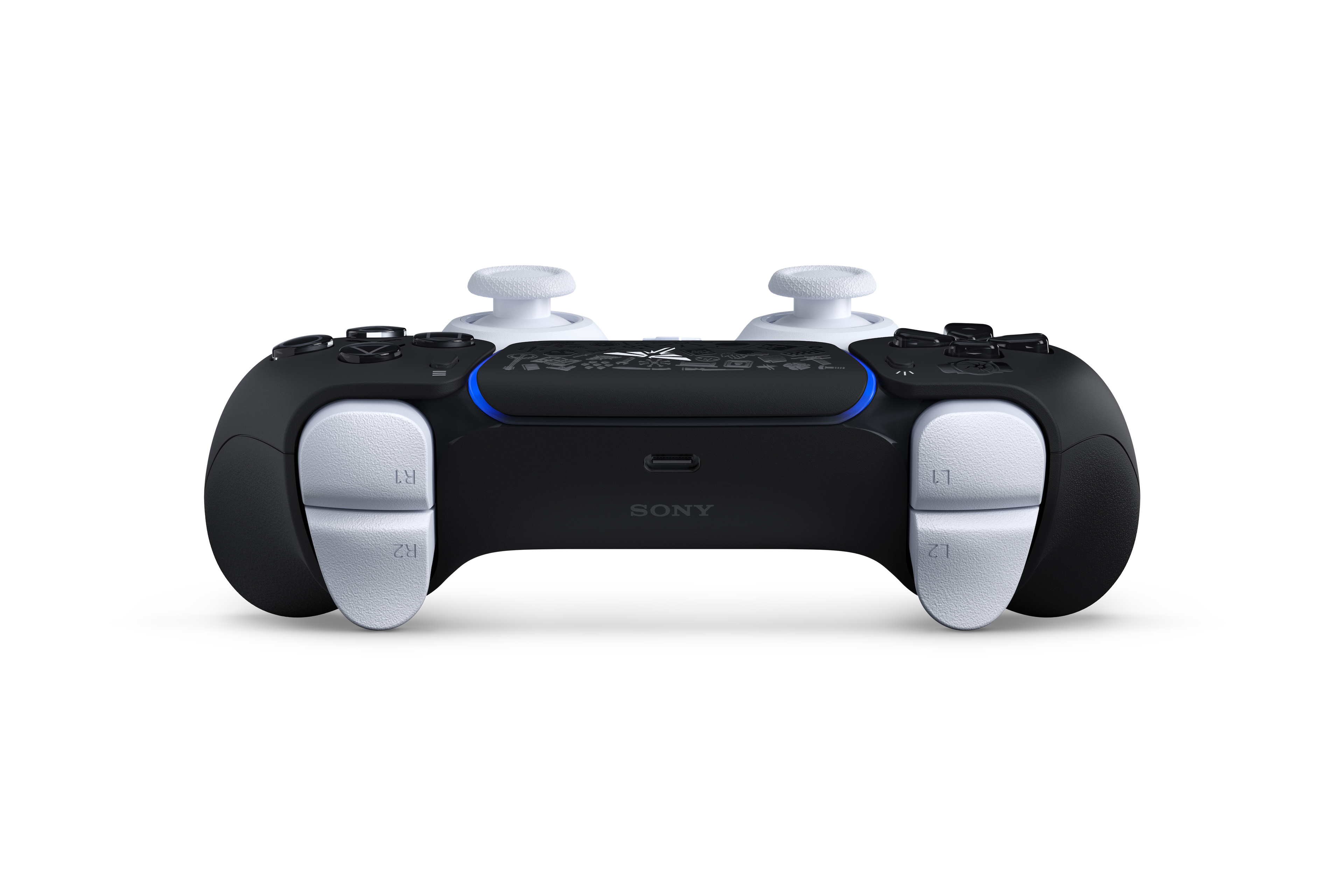 Ein schwarz-weißer Playstation 5 Controller mit weißen Joysticks und Knöpfen.