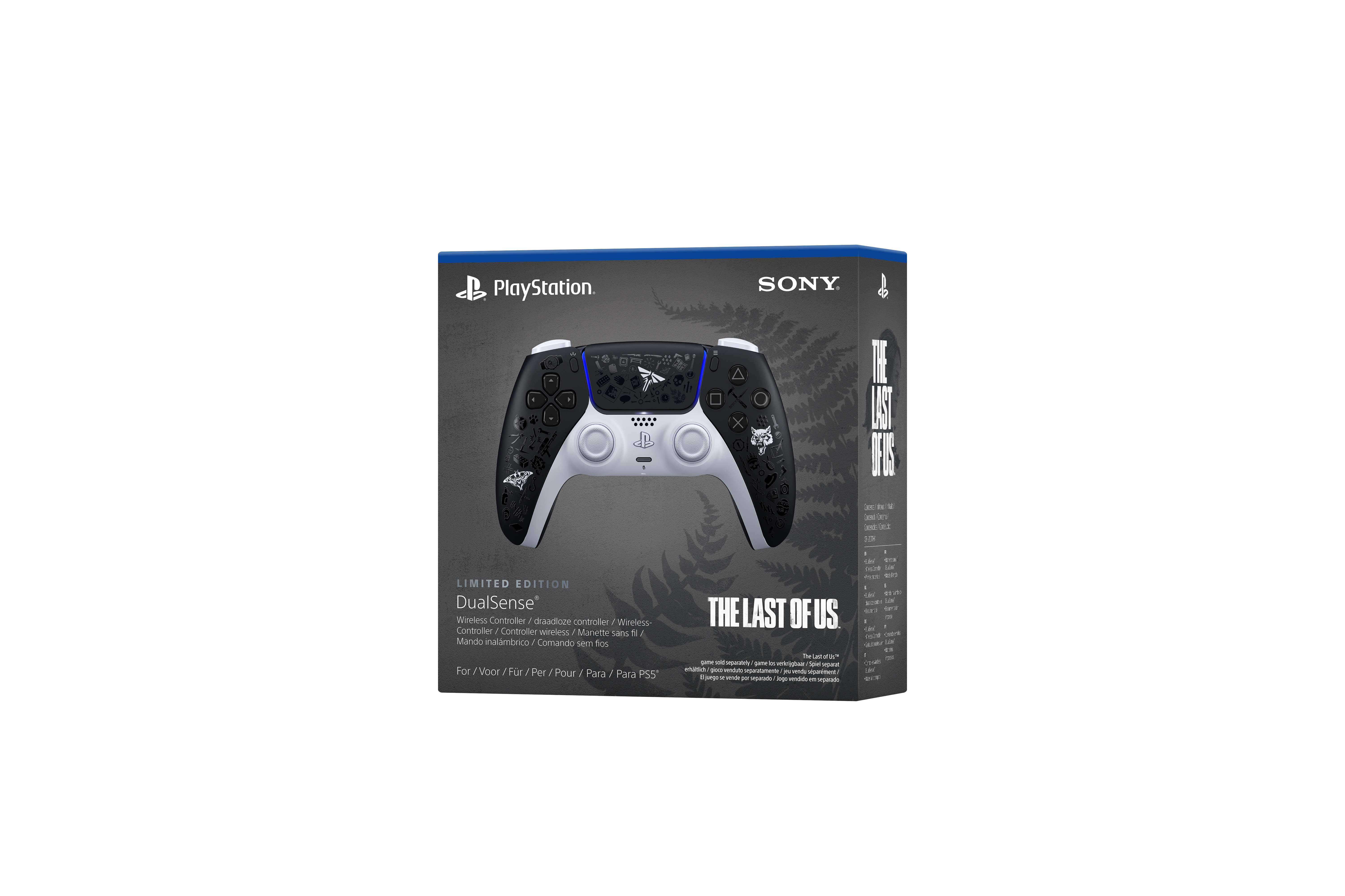 Ein PlayStation DualSense-Controller in einer Box. Der Controller hat ein schwarz-weißes Design.