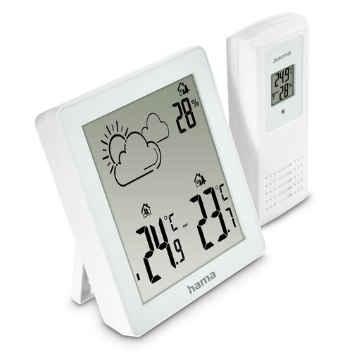 Biała stacja pogodowa z wyświetlaczem cyfrowym. Wyświetla temperaturę, wilgotność i ikony pogody. Białe tło.