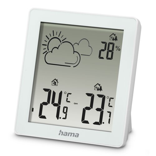 Biała cyfrowa stacja pogodowa pokazująca temperaturę i ikony pogody. Biała ramka.