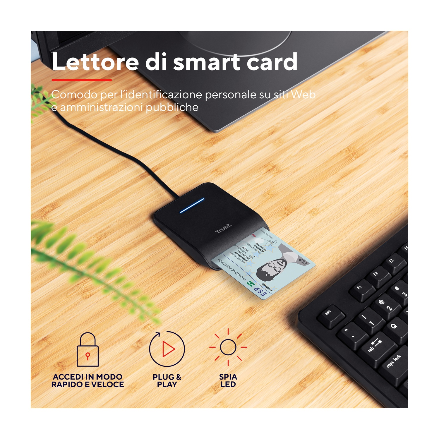 Un lettore di smart card con una carta inserita e una tastiera. Una pianta verde sullo sfondo.
