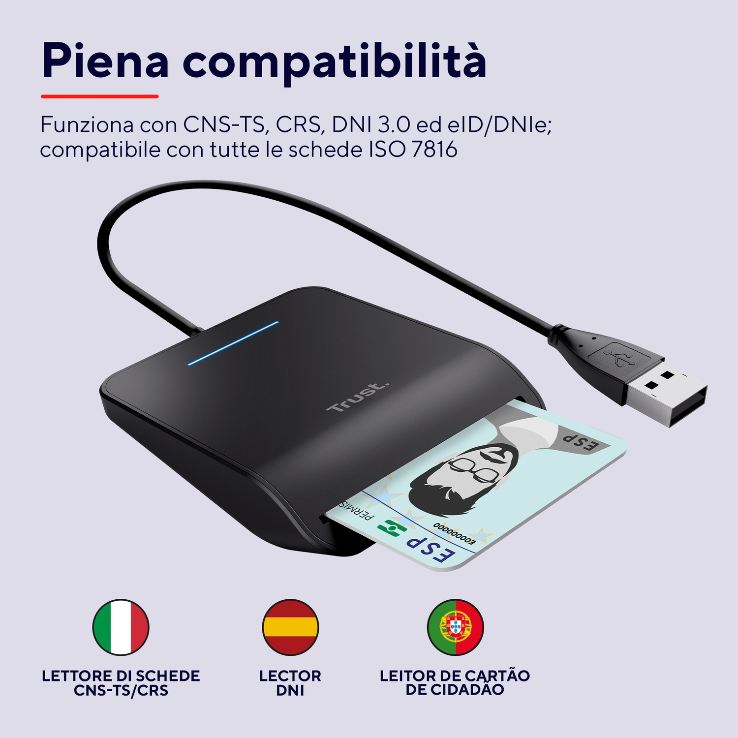 Lettore di schede nero con una scheda inserita. Testo in spagnolo sulla compatibilità delle schede.