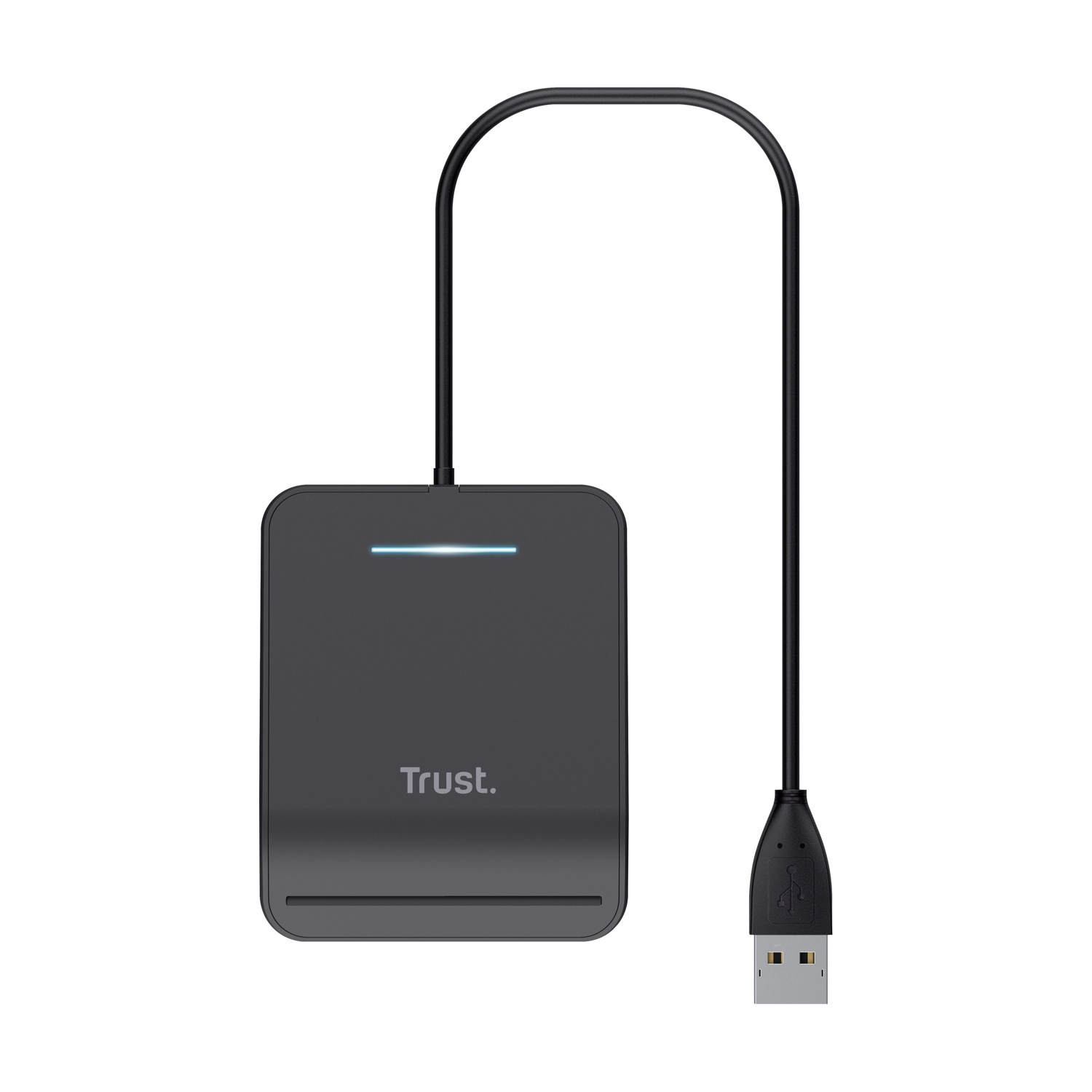 Lettore di schede Trust nero con cavo USB. Una luce è accesa sul dispositivo.