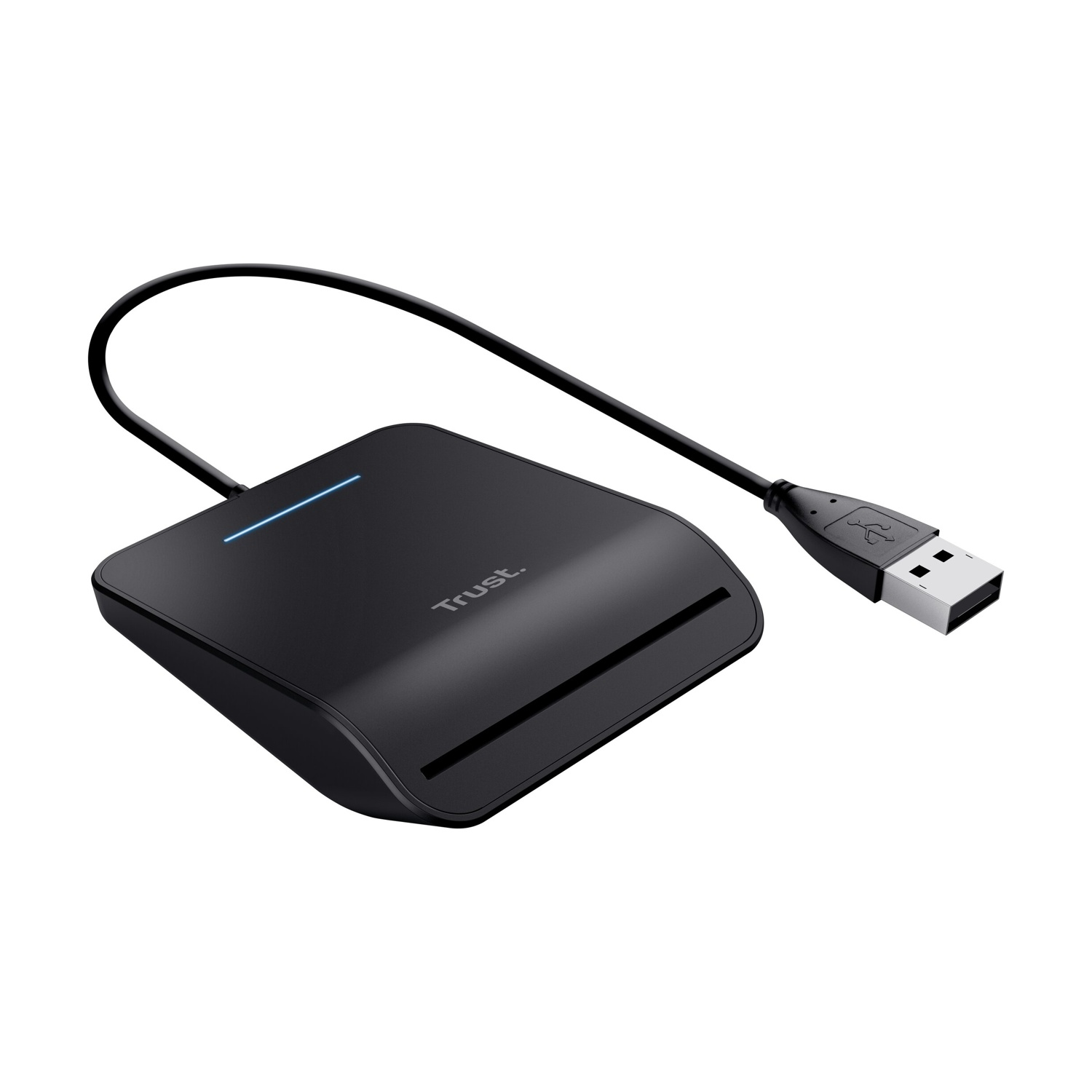 Lettore di schede Trust nero con cavo USB, isolato su sfondo bianco.