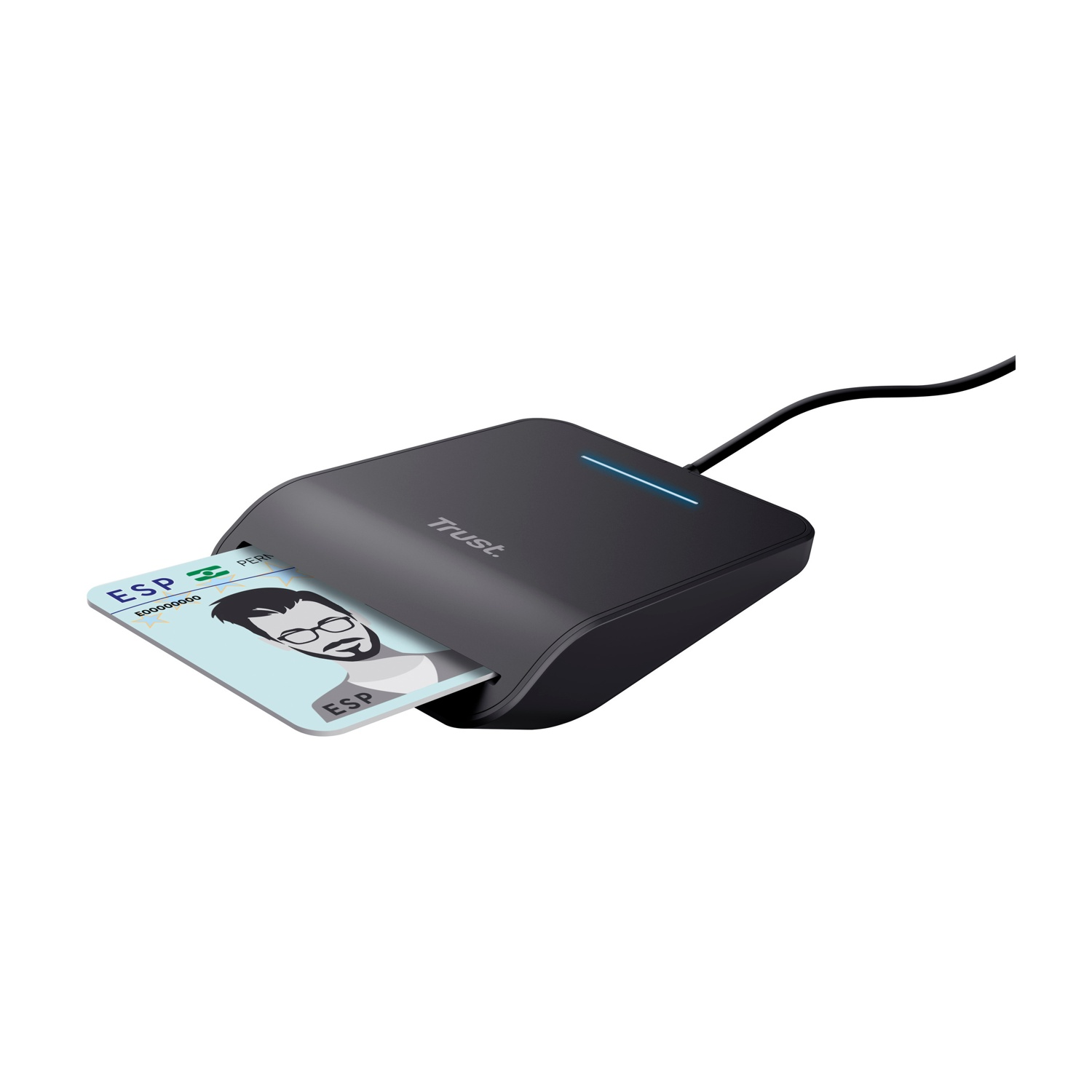 Lettore di smart card nero con carta d'identità ESP inserita. Logo Trust visibile.