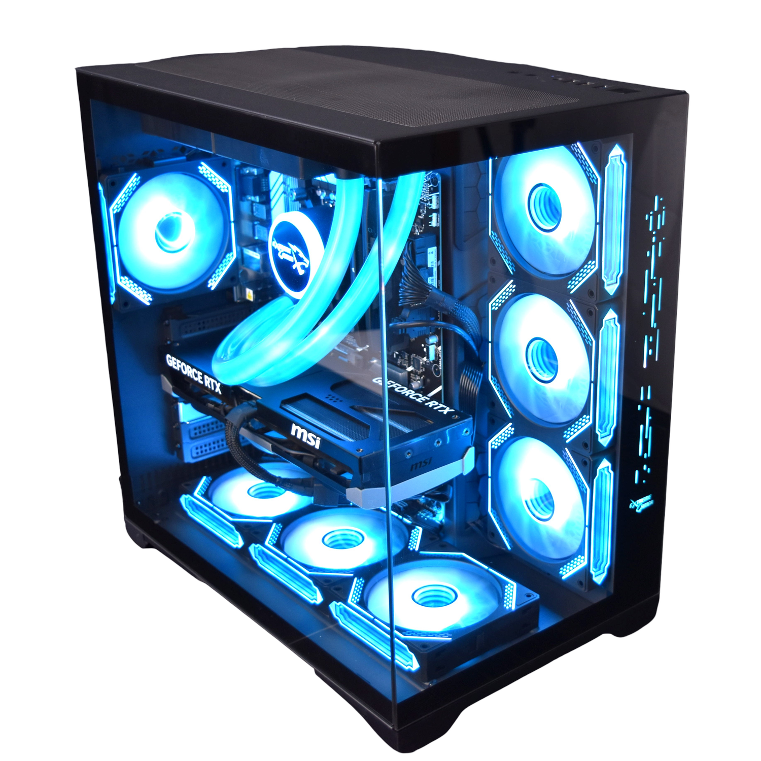 Computer met blauw licht en tekst: GeForce RTX, MSI-logo.