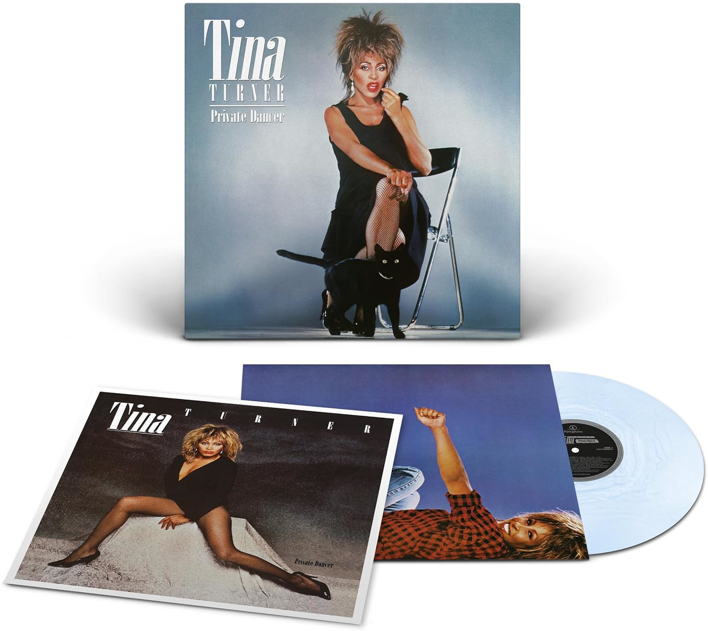 Tina Turner album borító. Ő van a borítón, és két másik borító is látható. Fehér háttér.