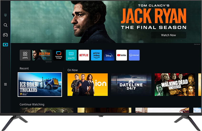 Egy TV a Tom Clancy's Jack Ryan műsor felületét mutatja. Alkalmazásikonok vannak a képernyőn.