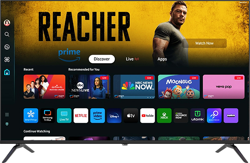 Egy TV képernyő a Reacher műsor felületét mutatja, különböző alkalmazásikonokkal.