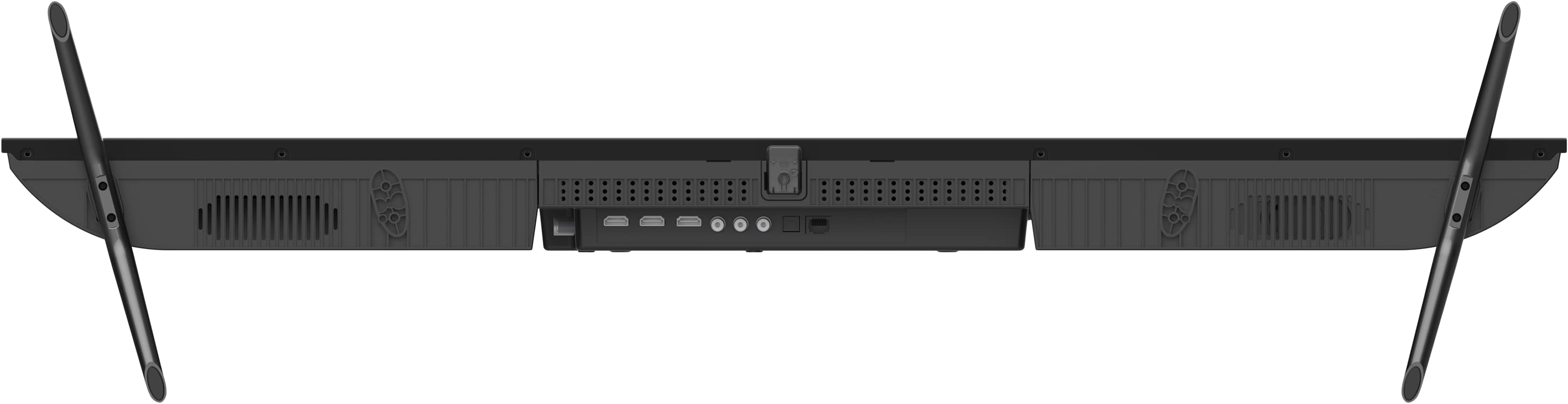 TV portokkal és állványokkal, alulról fekete háttérrel. HDMI, USB és egyéb látható.
