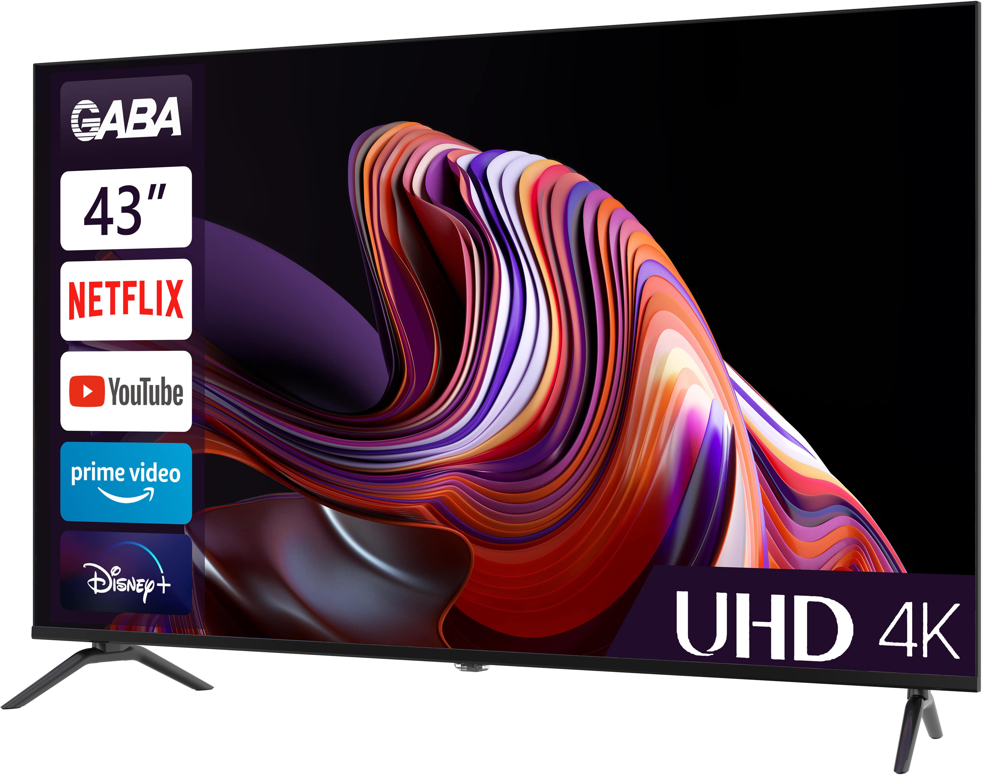 43 hüvelykes Gaba UHD 4K TV Netflix, YouTube, Prime Video és Disney+ logókkal.
