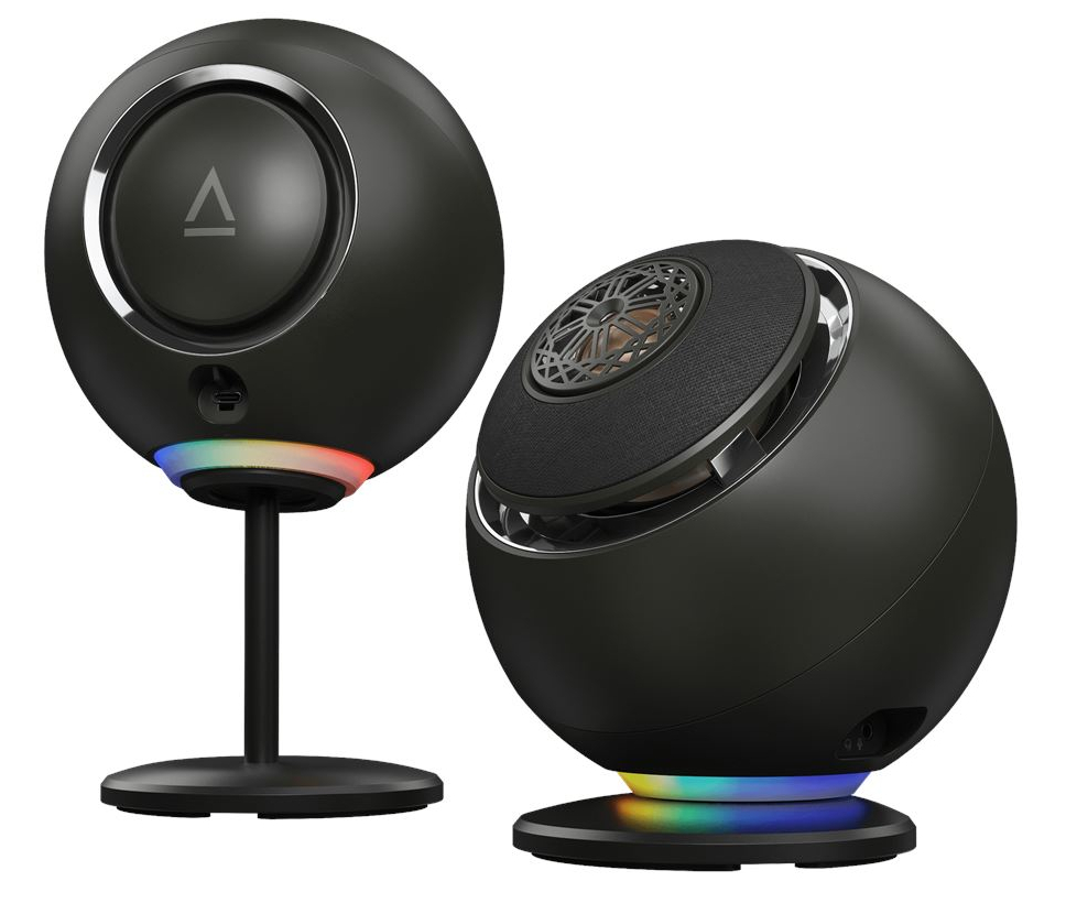 Dwa czarne, kuliste głośniki z kolorowymi światłami na podstawach i logo.