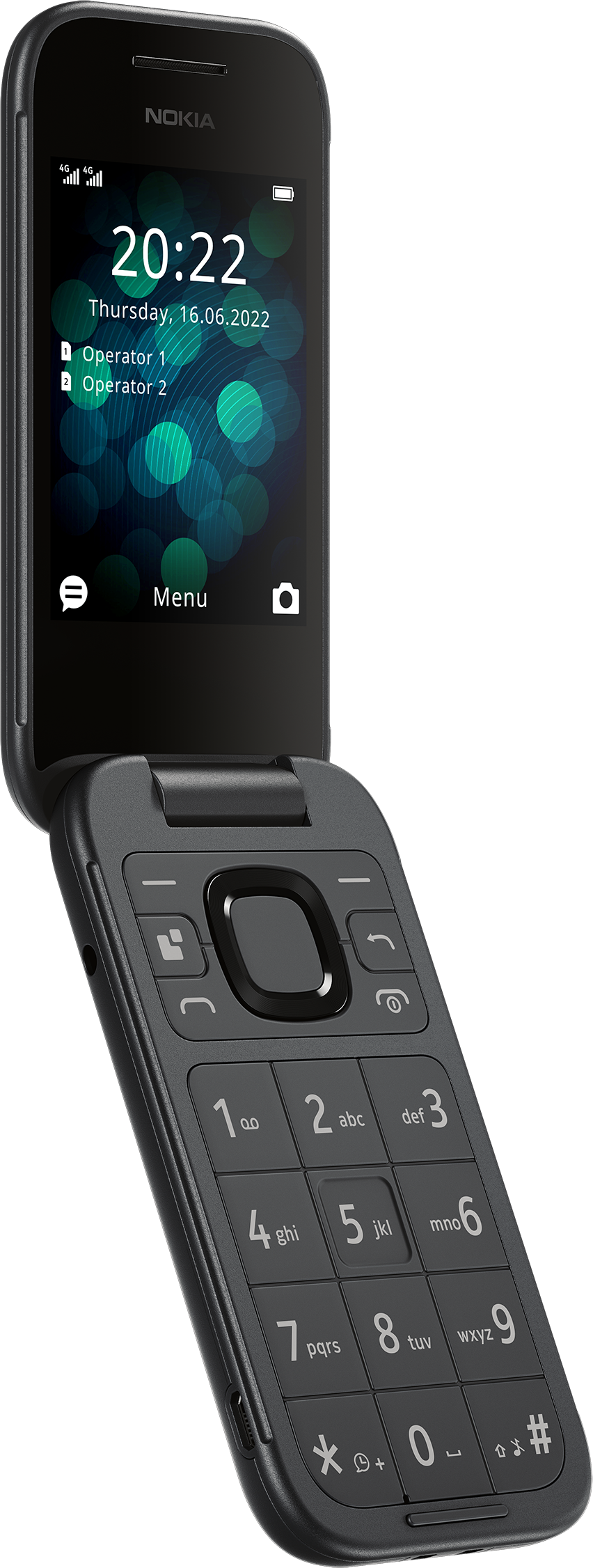 Un telefono a conchiglia nero aperto, che mostra l'ora e un menu. È un telefono Nokia.