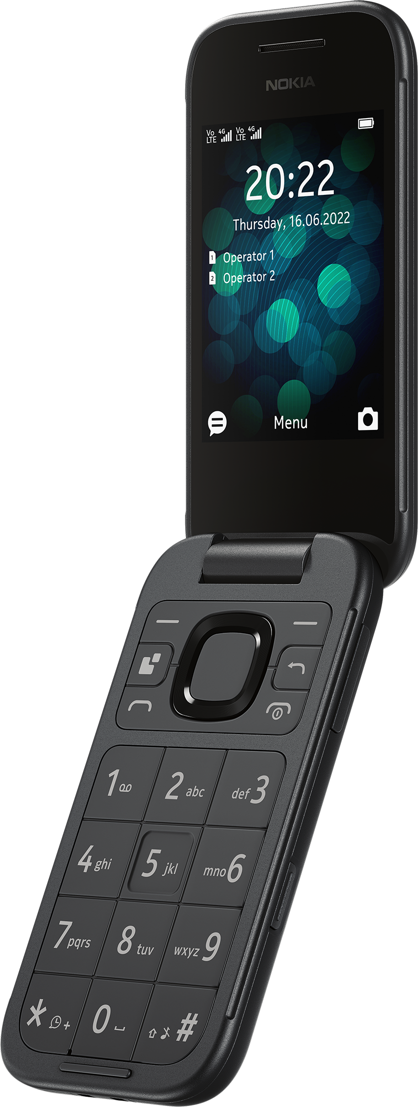 Telefono a conchiglia Nokia nero aperto, mostra ora e data sullo schermo con tastiera.