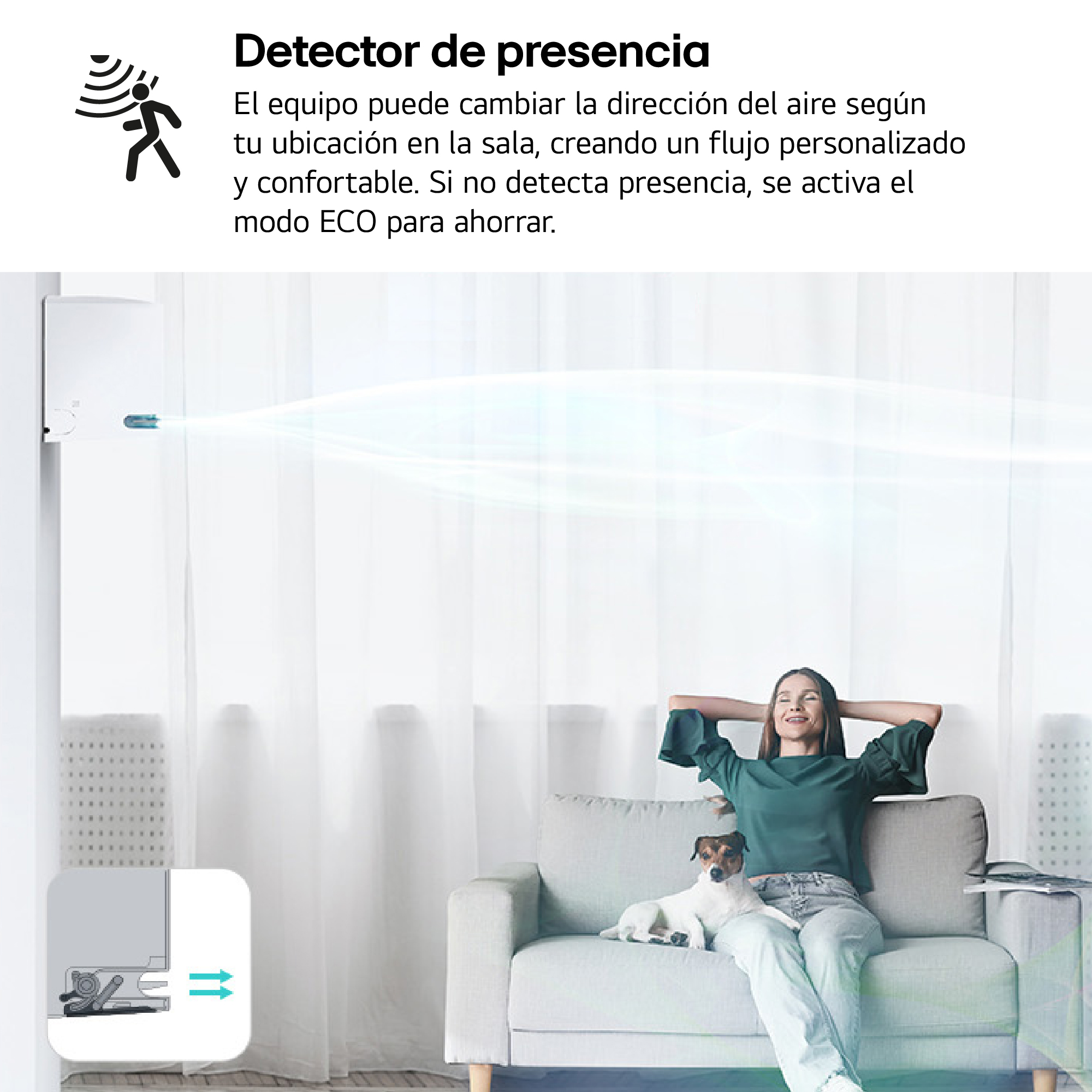 Mujer relajándose en un sofá, perro cerca. Aire acondicionado con flujo de aire visible y texto sobre sensor de presencia.