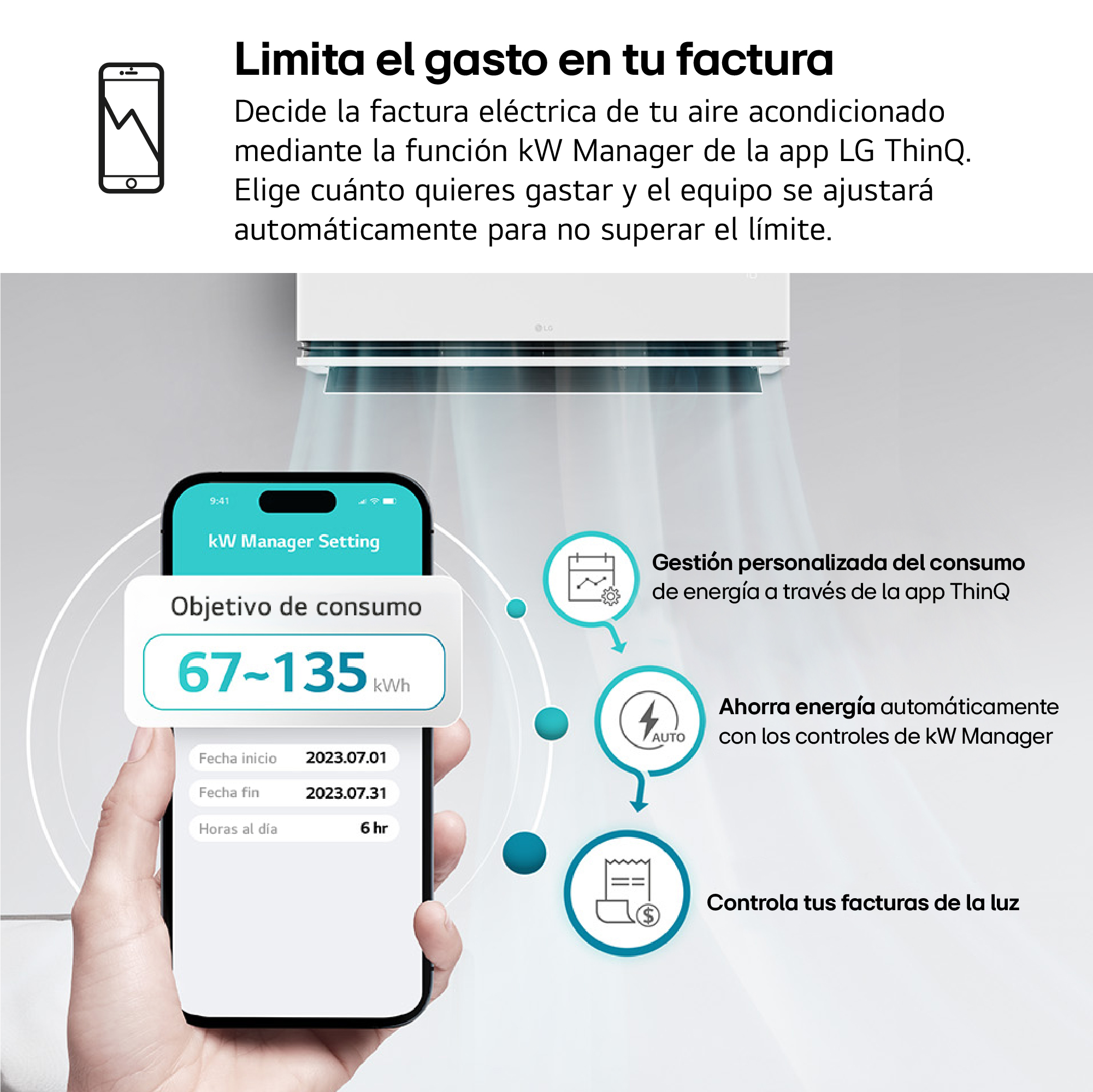Un teléfono muestra la aplicación kW Manager. Gráficos con gráficos y texto sobre consumo de energía.