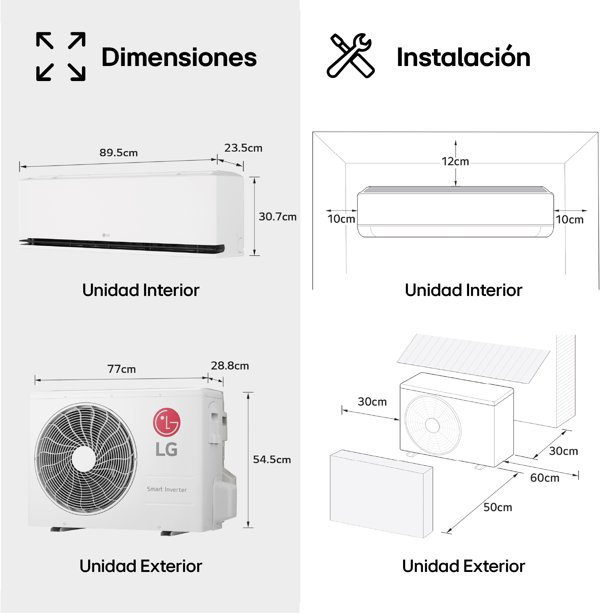 Diagrama que muestra las dimensiones e instalación de un aire acondicionado LG, unidades interior y exterior.