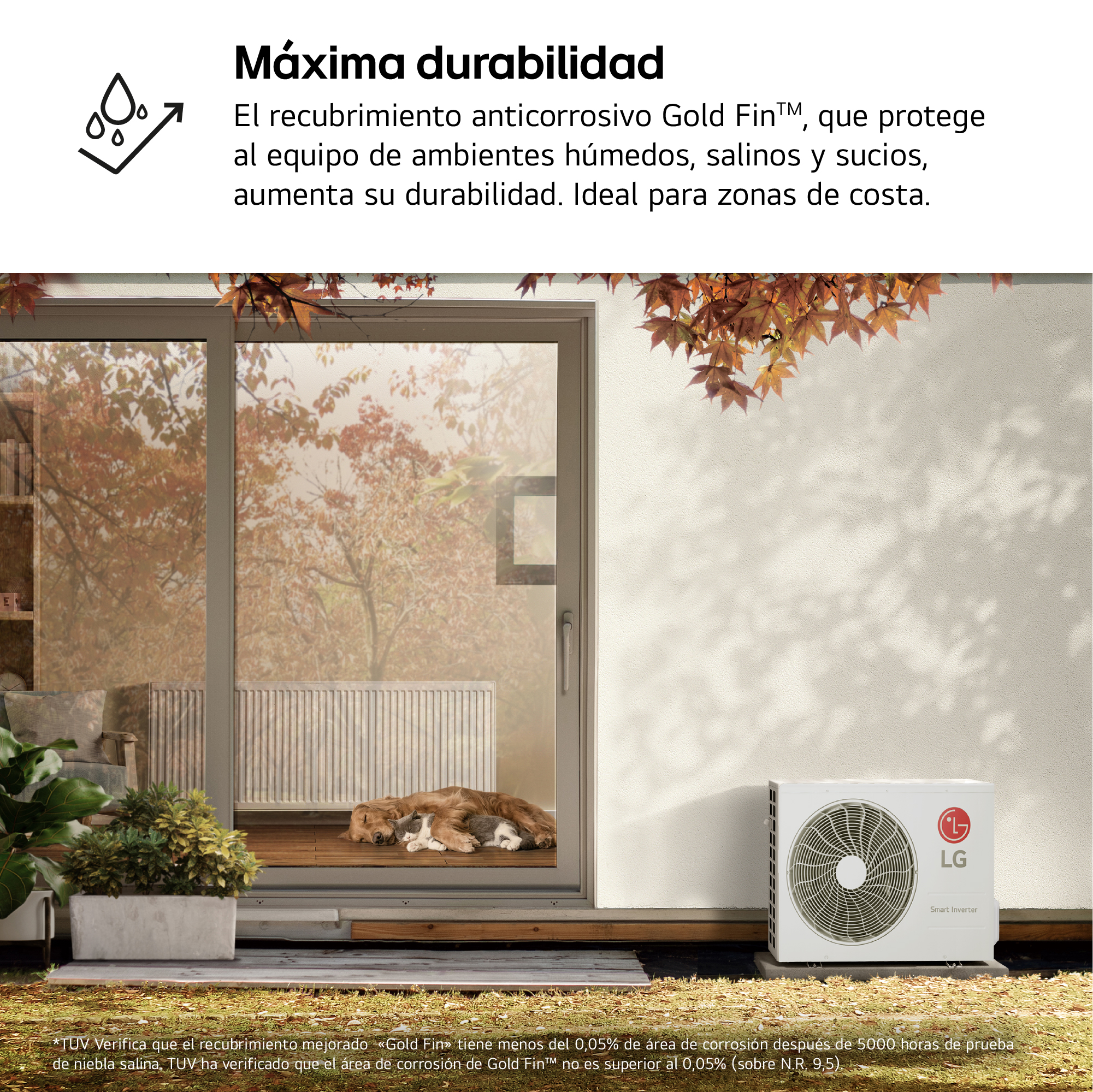Perro durmiendo cerca de un aire acondicionado blanco fuera de una casa. El texto dice 'Gold Fin' y 'Smart Inverter'.