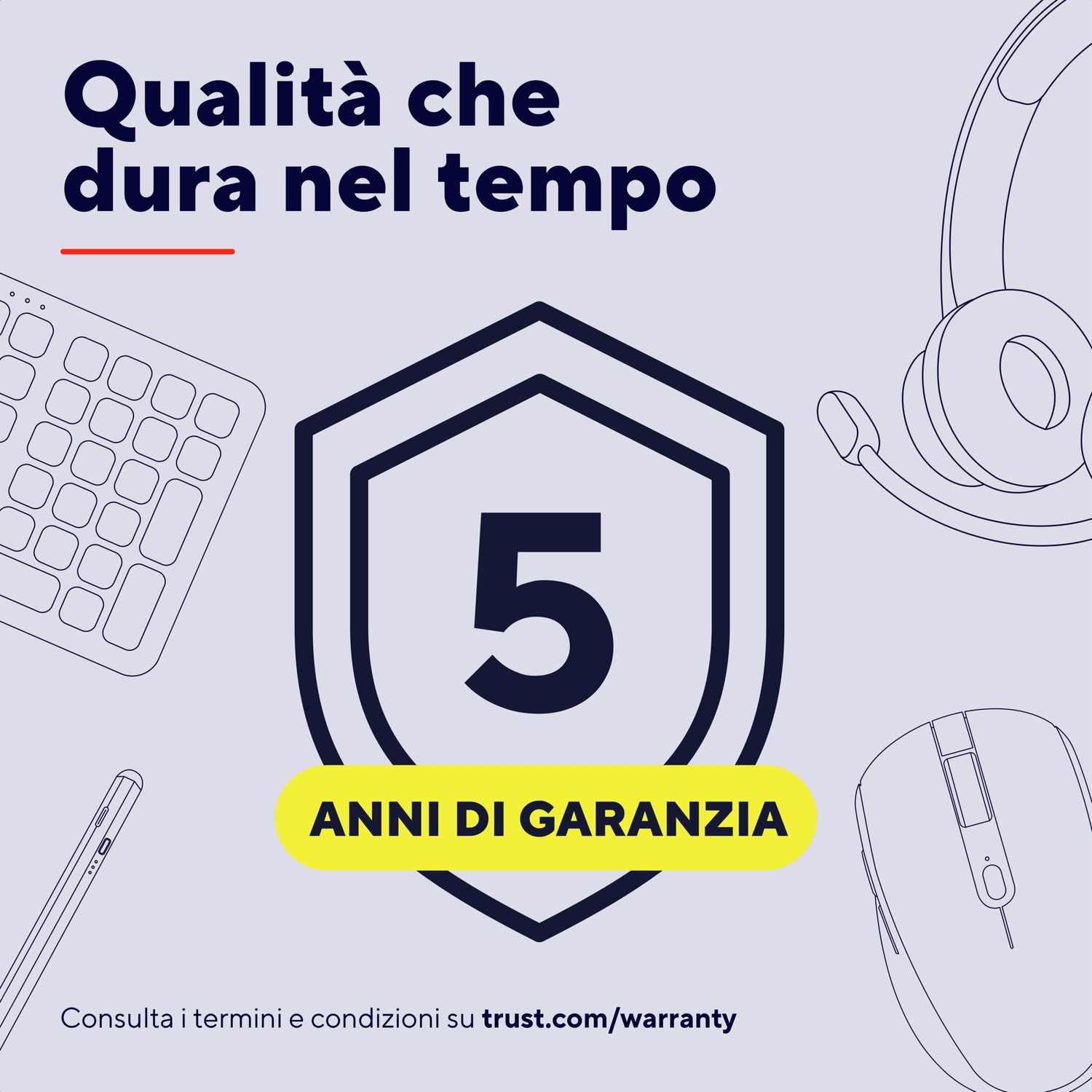 Un logo a forma di scudo con il numero 5. Il testo recita '5 ANNI DI GARANZIA' e 'trust.com/warranty'.