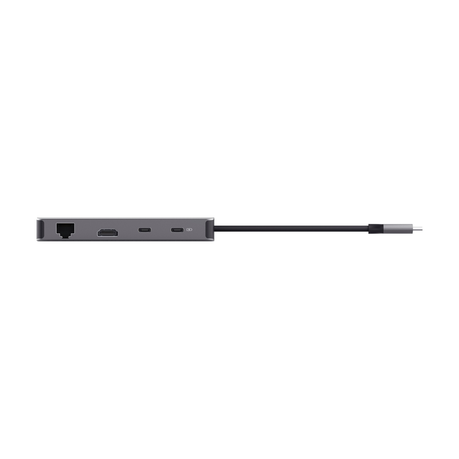 Hub USB-C grigio con più porte. Cavo nero collegato. Isolato su sfondo bianco.