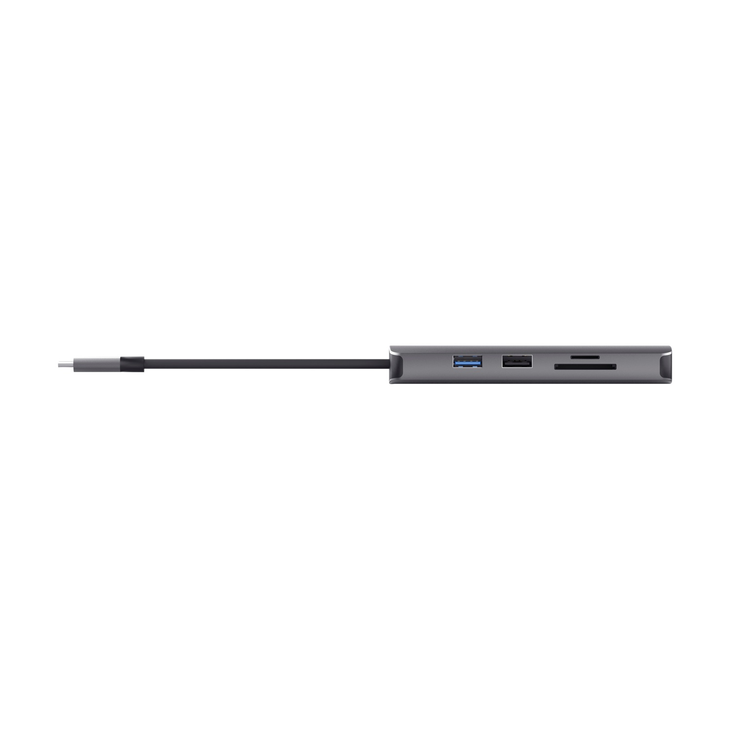 Hub USB-C grigio con porte USB, lettore di schede e cavo.