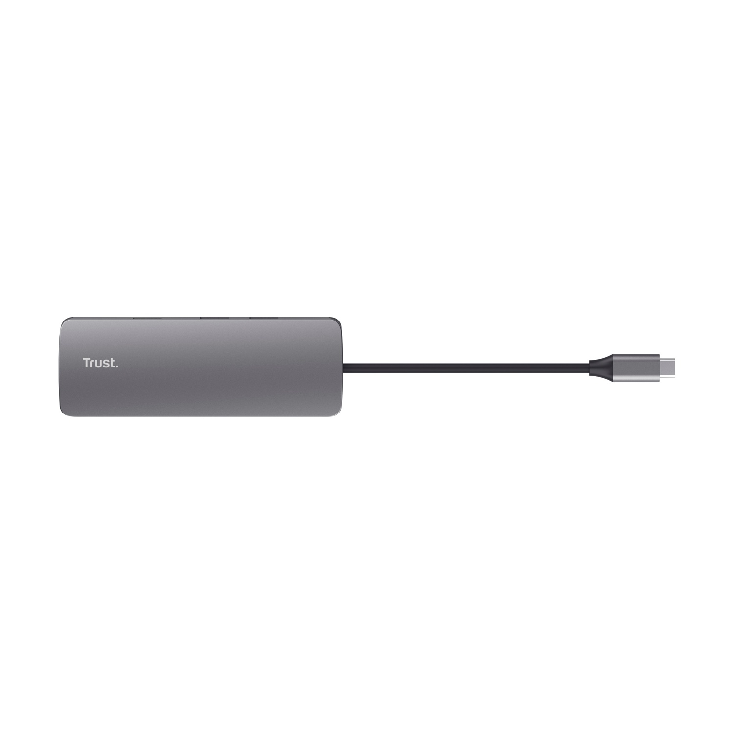 Hub grigio con logo Trust e cavo nero con connettore USB-C. Sfondo bianco.