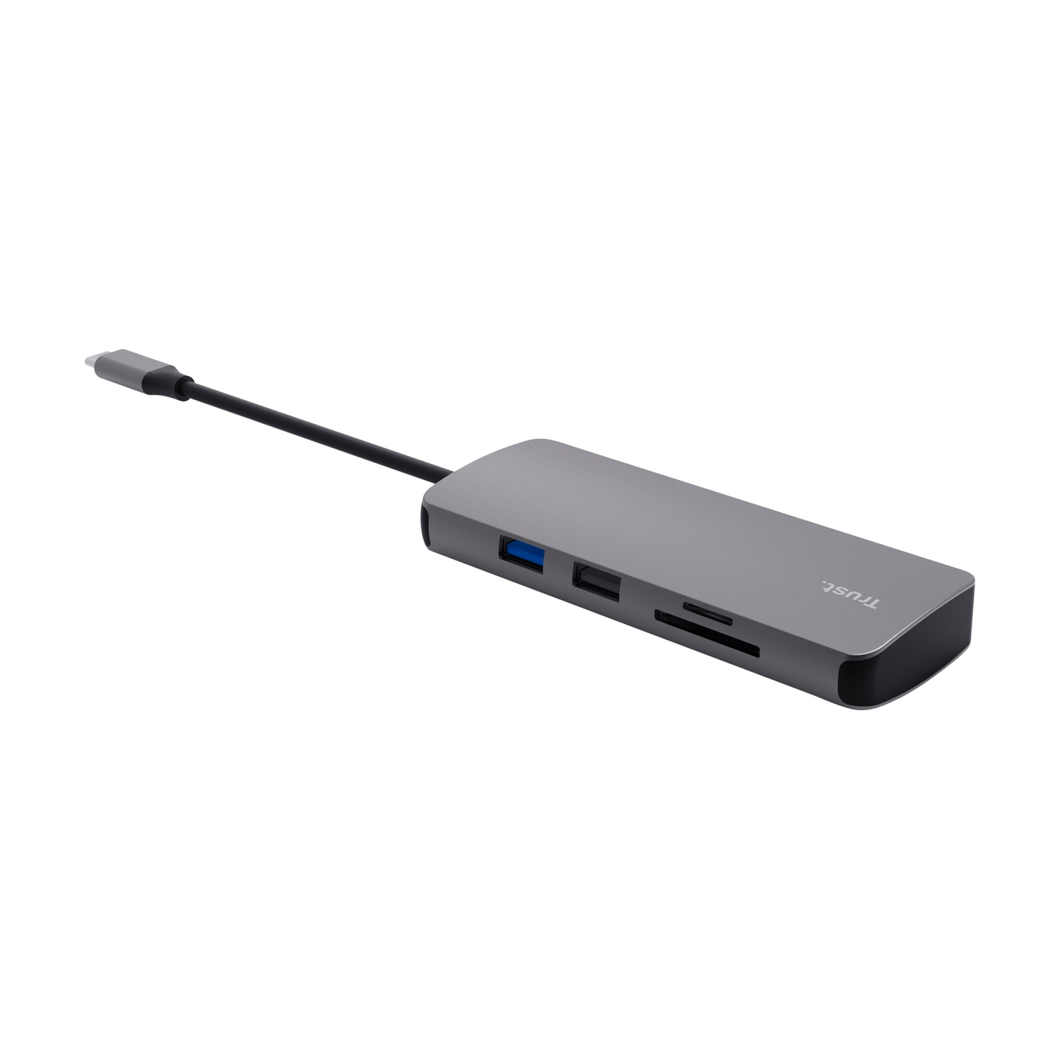 Hub USB-C grigio con porte USB, lettore di schede e cavo.